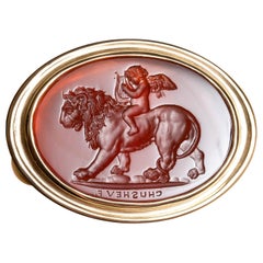 Chushev Eros and Lion Carnelian Intaglio Gold Signet Ring