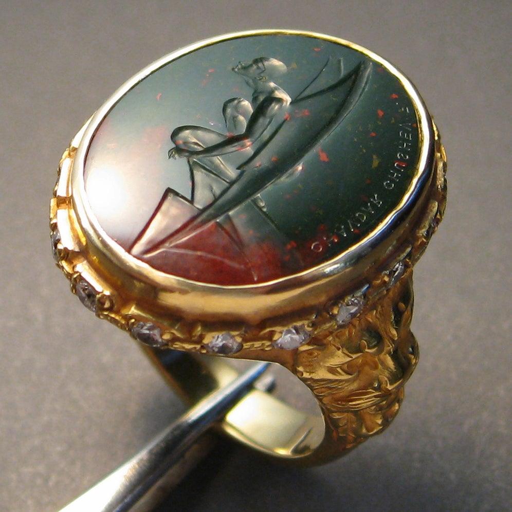 For Sale:  Chushev Gargoyle Bloodstone Intaglio Gold Signet Ring with Diamond Halo 2