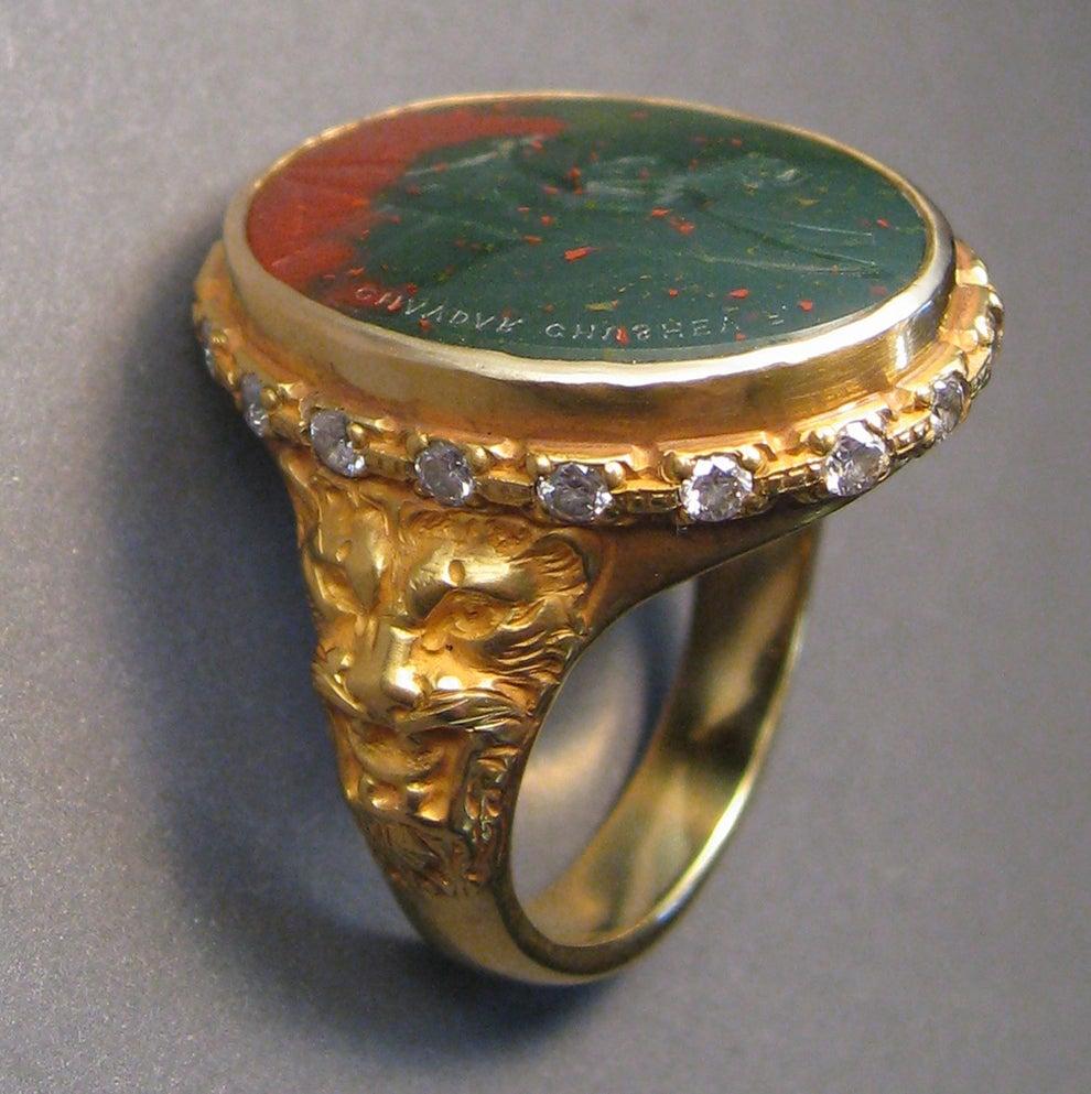 For Sale:  Chushev Gargoyle Bloodstone Intaglio Gold Signet Ring with Diamond Halo 3
