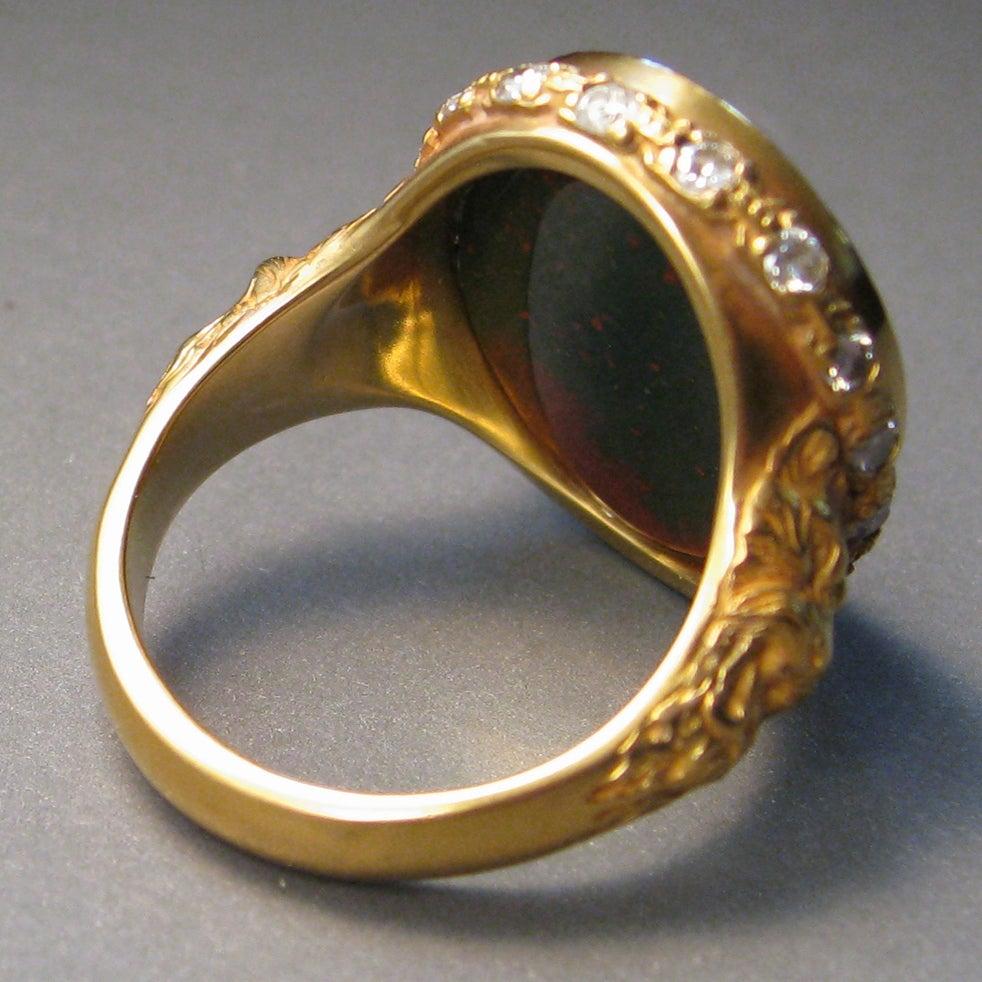 For Sale:  Chushev Gargoyle Bloodstone Intaglio Gold Signet Ring with Diamond Halo 4