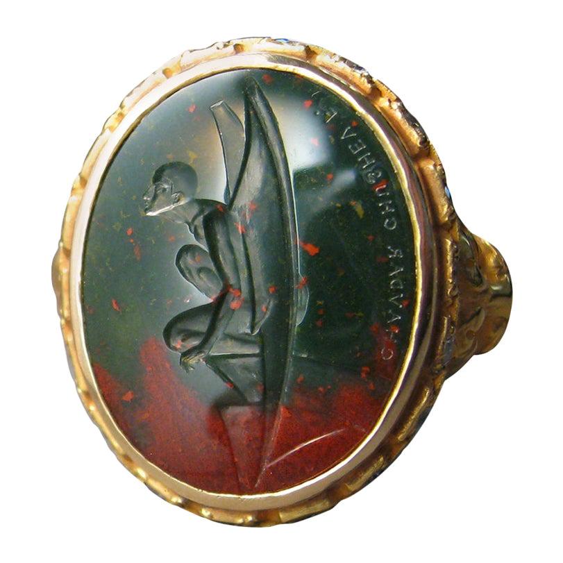 For Sale:  Chushev Gargoyle Bloodstone Intaglio Gold Signet Ring with Diamond Halo