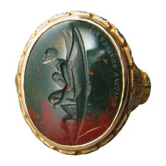 Chushev Gargoyle Bloodstone Intaglio Gold Signet Ring with Diamond Halo