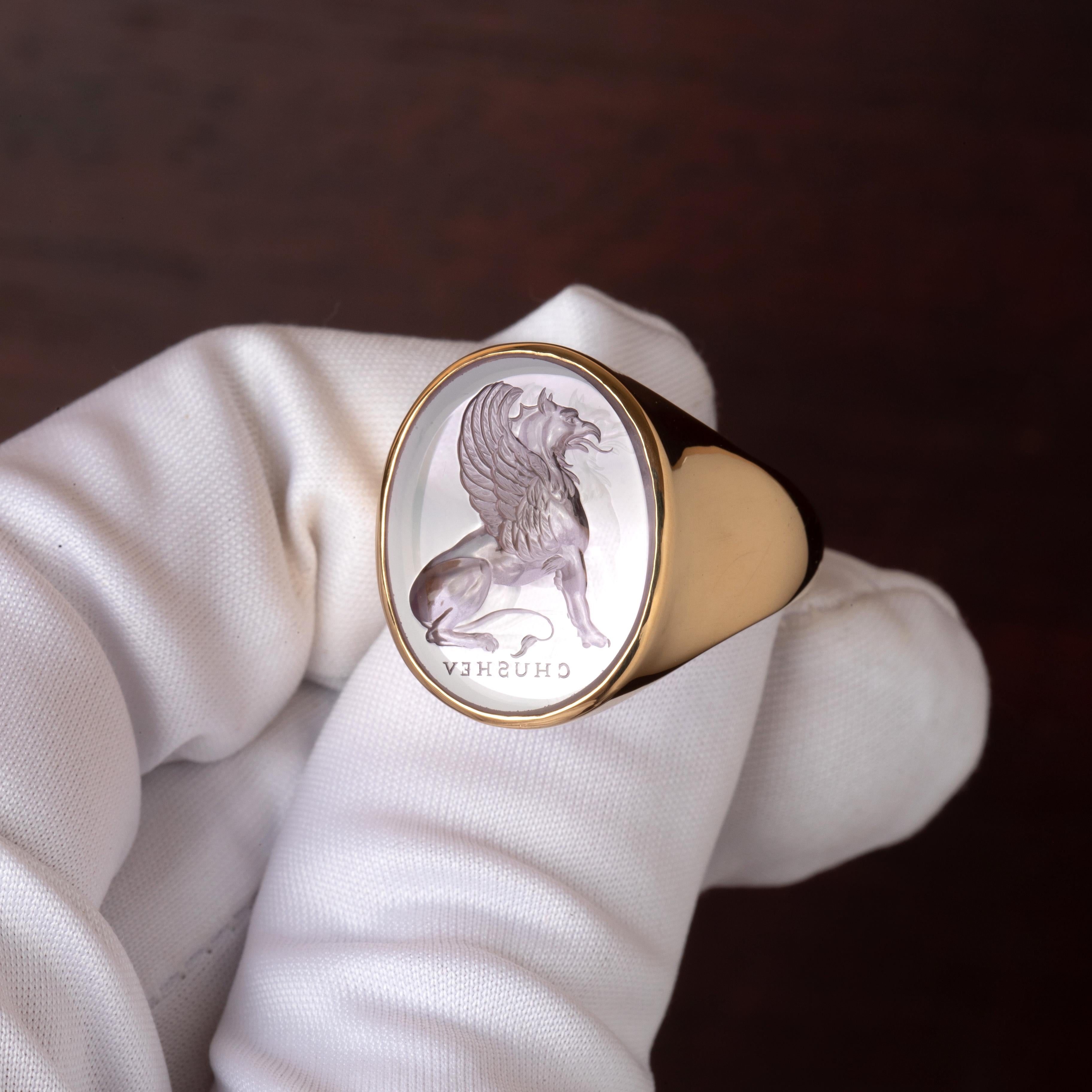 Oval Cut Chushev Griffin Amethyst Intaglio Gold Signet Ring For Sale