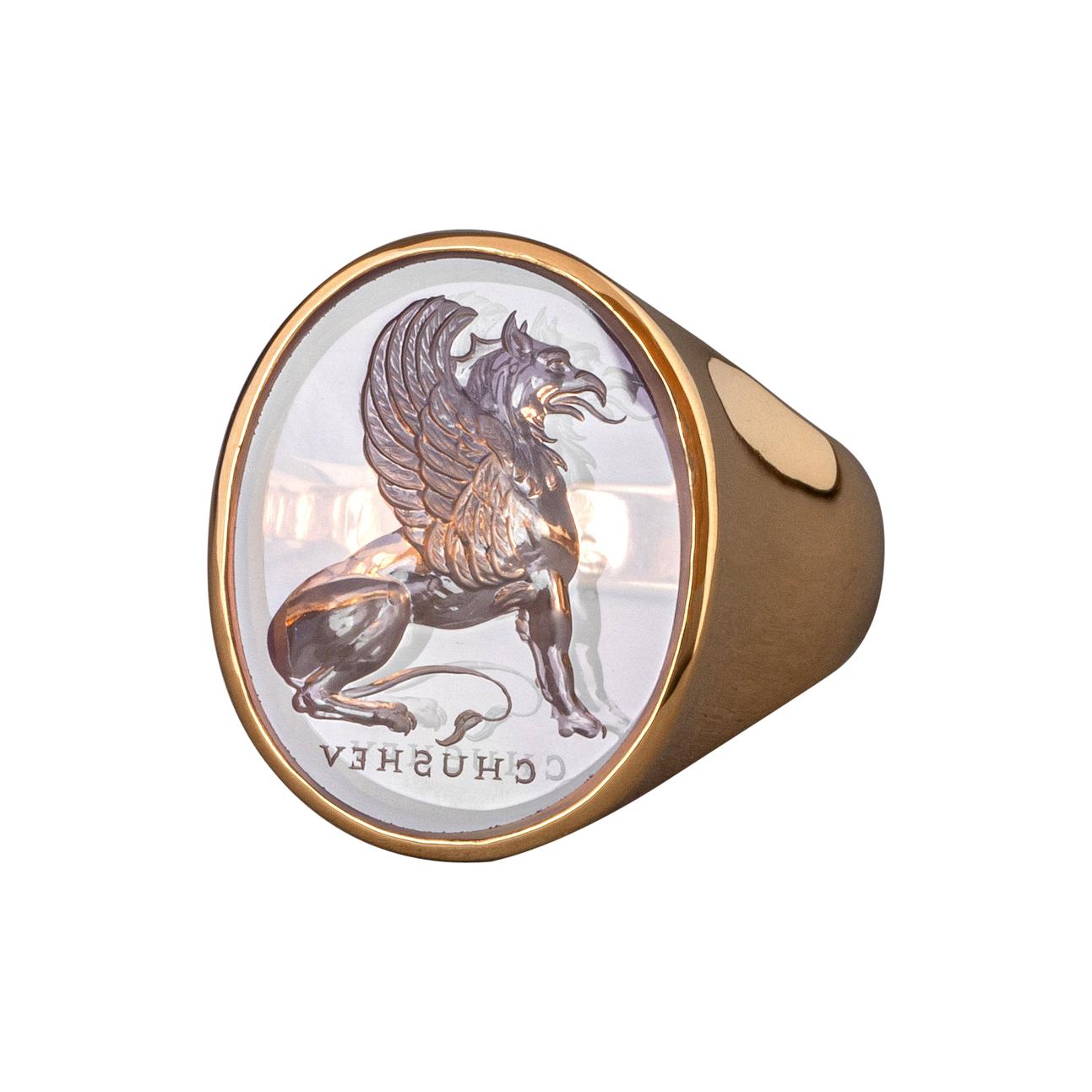 Chushev Griffin Amethyst Intaglio Gold Signet Ring For Sale