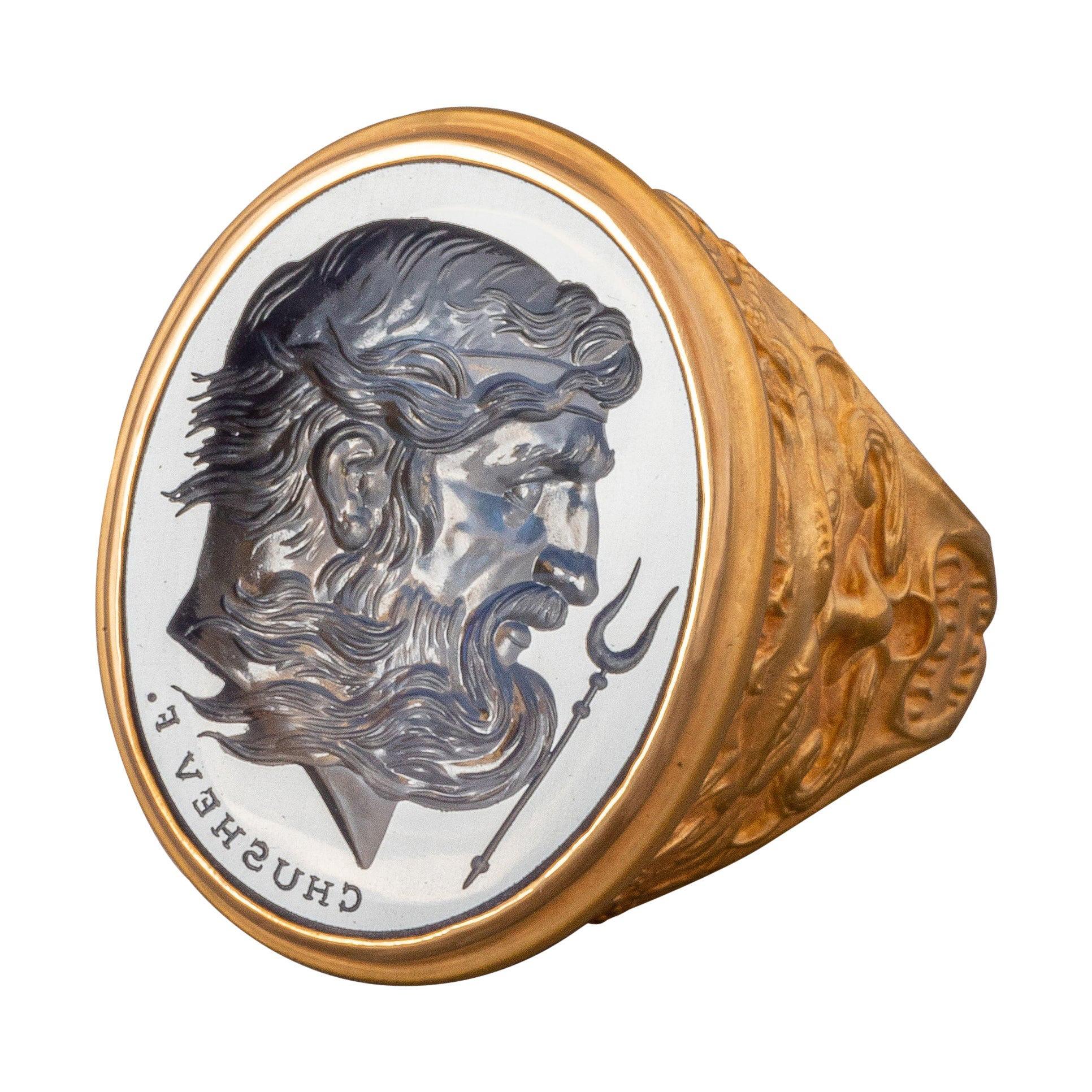Chushev Hades Blue Sapphire Intaglio Gold Signet Ring