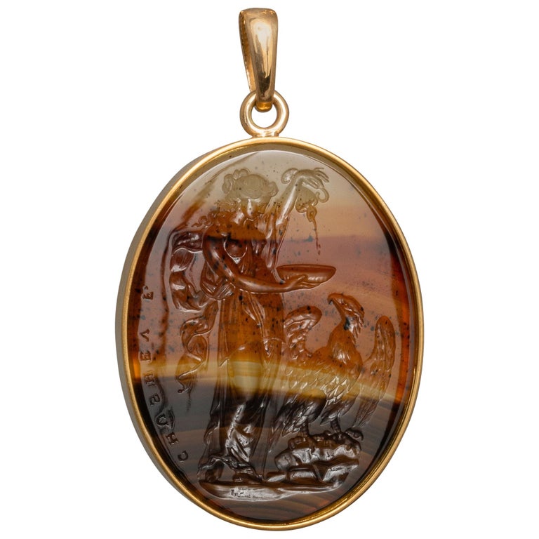 Chushev Montana agate intaglio depicting Hebe and Zeus set in a gold pendant, new