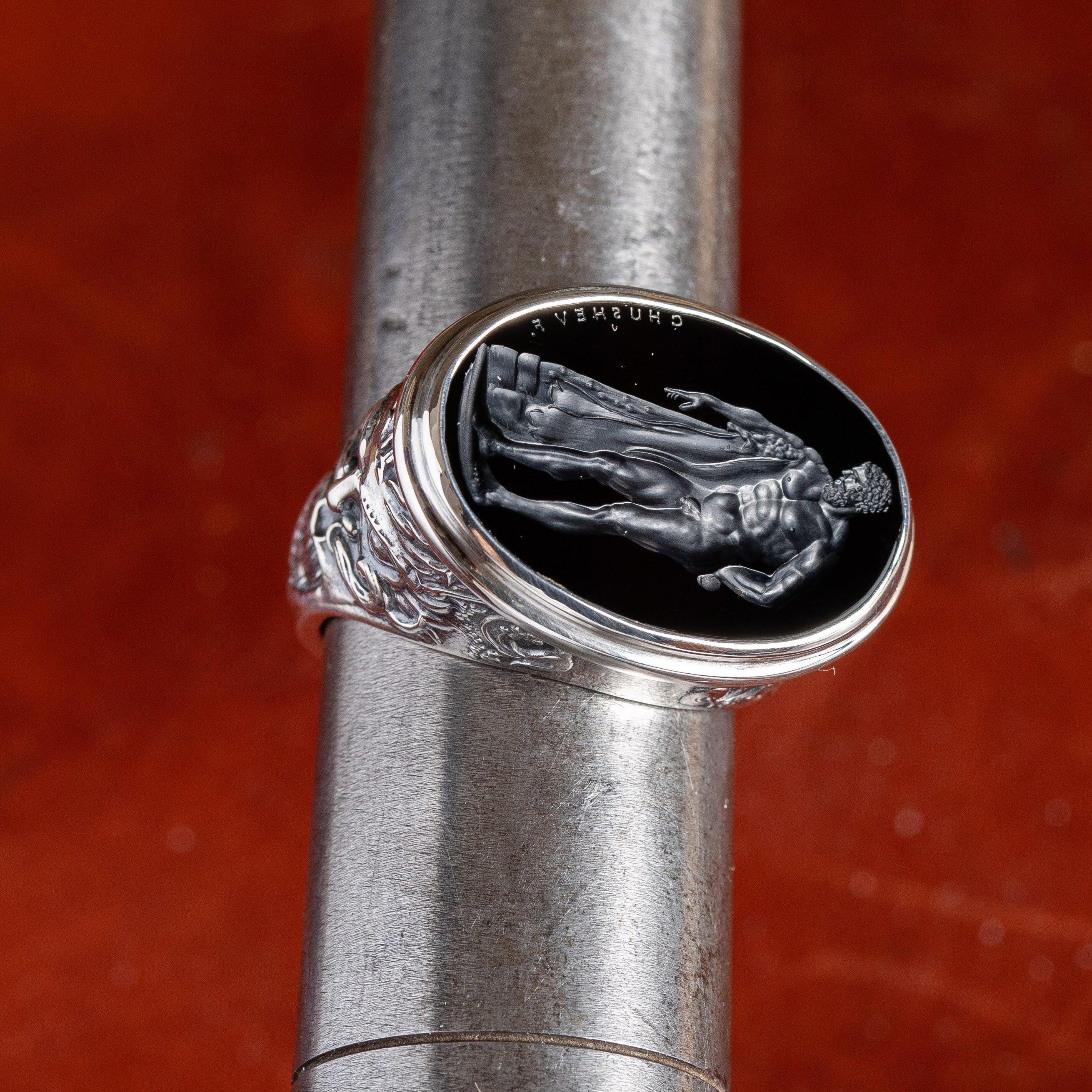 For Sale:  Chushev Hercules Black Onyx Intaglio Sterling Silver Signet Ring 2