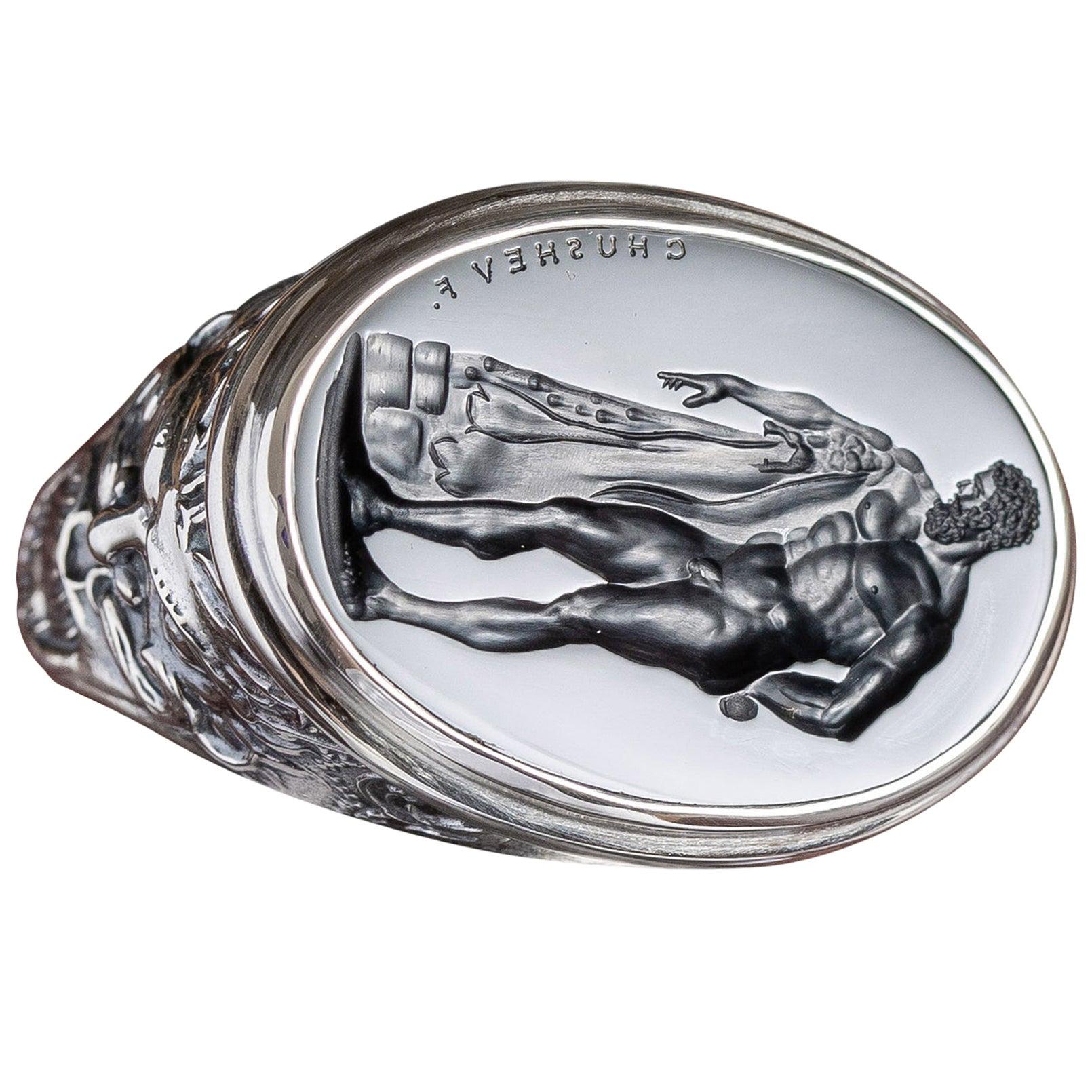 Chushev, bague sigillaire Hercules en argent sterling avec intaille en onyx noir