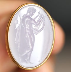 Chushev Hermes & Lyre Blue Chalcedony Intaglio Gold Signet Ring
