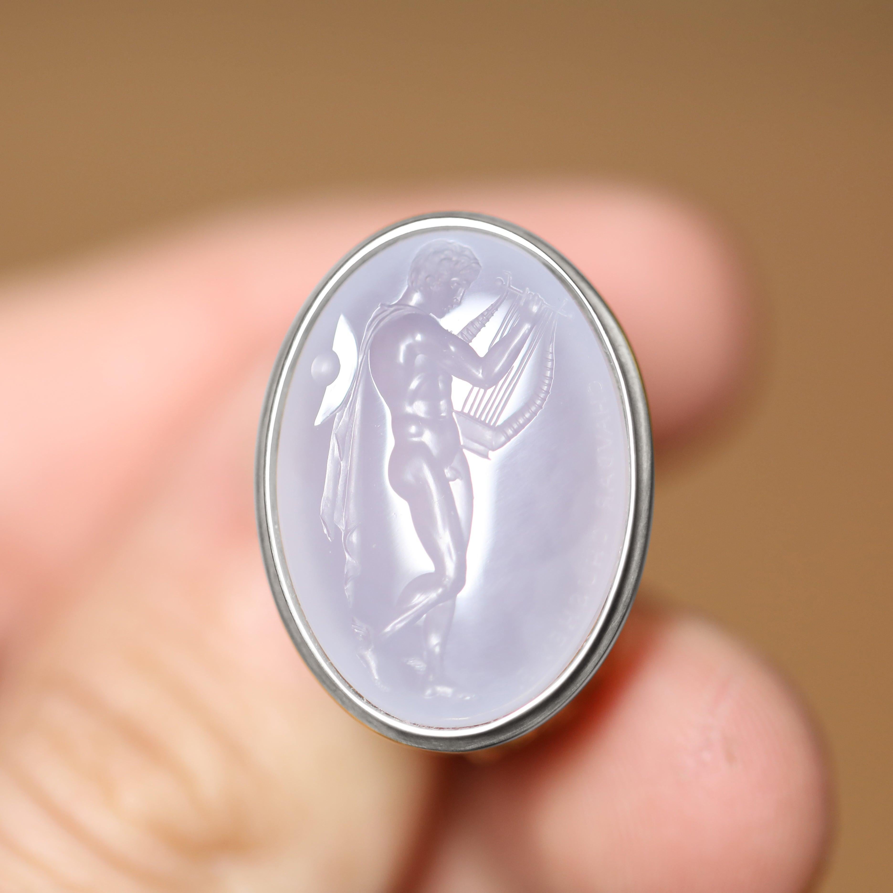 For Sale:  Chushev Hermes & Lyre Blue Chalcedony Intaglio Sterling Silver Signet Ring 3