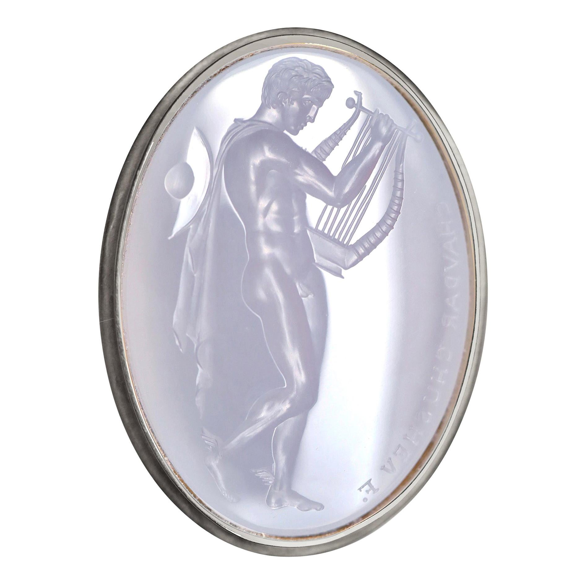 For Sale:  Chushev Hermes & Lyre Blue Chalcedony Intaglio Sterling Silver Signet Ring