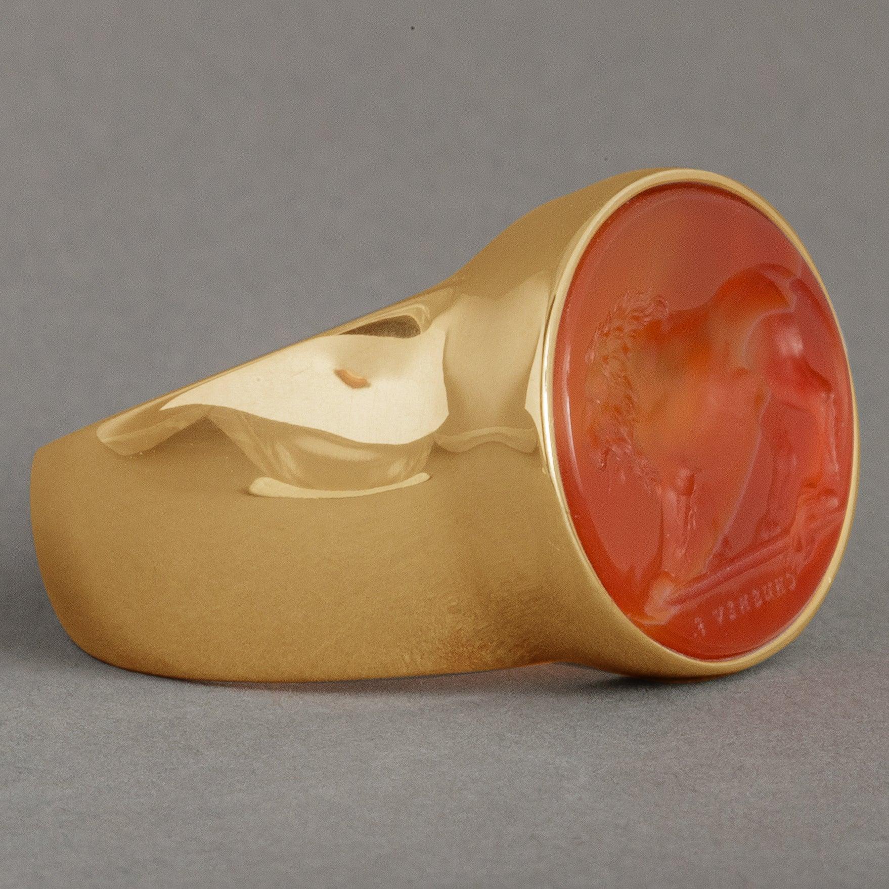 For Sale:  Chushev Lion Carnelian Intaglio Gold Signet Ring 3