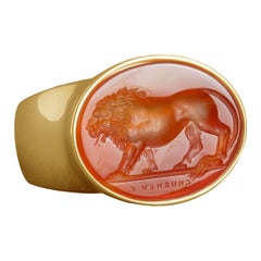 Vintage Chushev Lion Carnelian Intaglio Gold Signet Ring