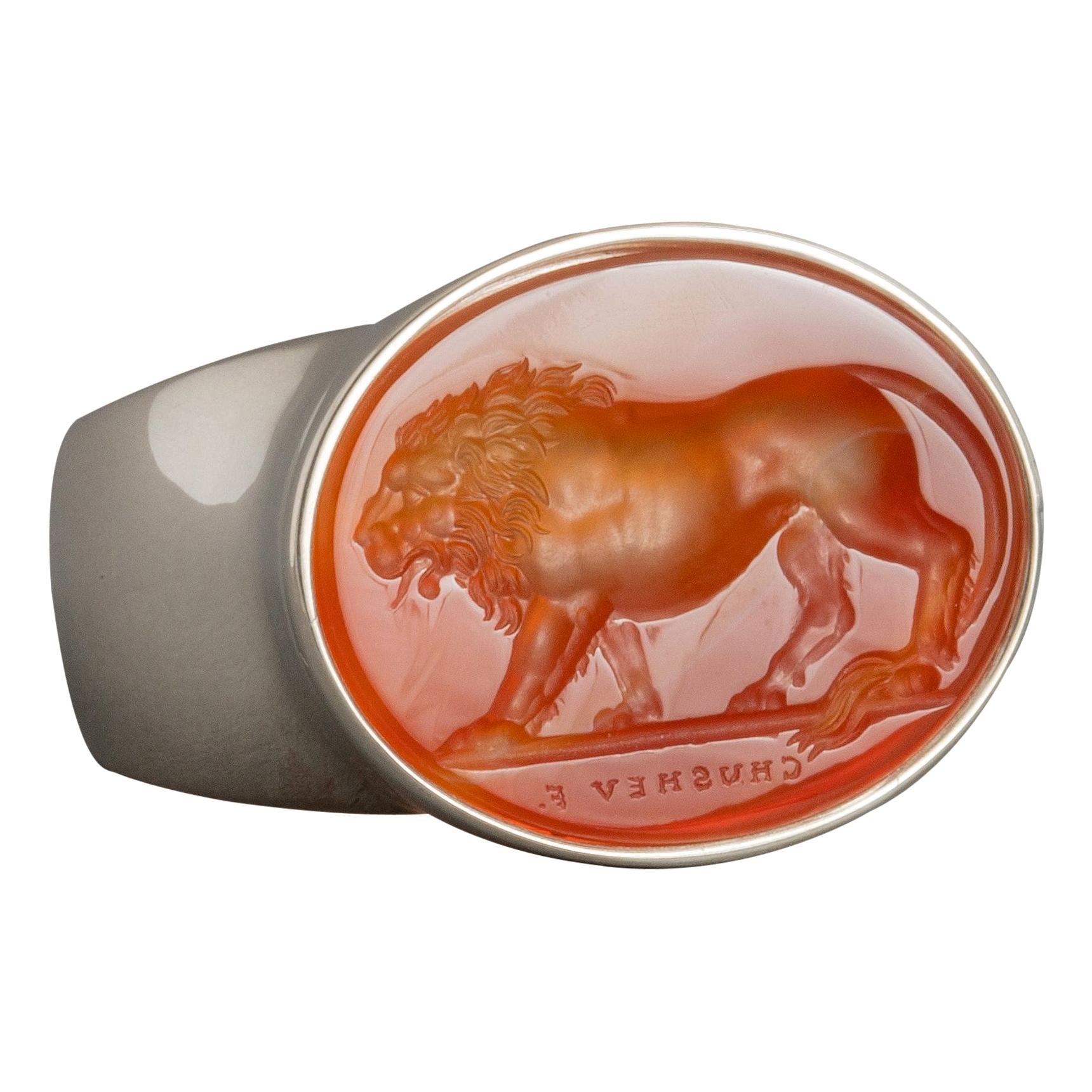 For Sale:  Chushev Lion Carnelian Intaglio Sterling Silver Signet Ring