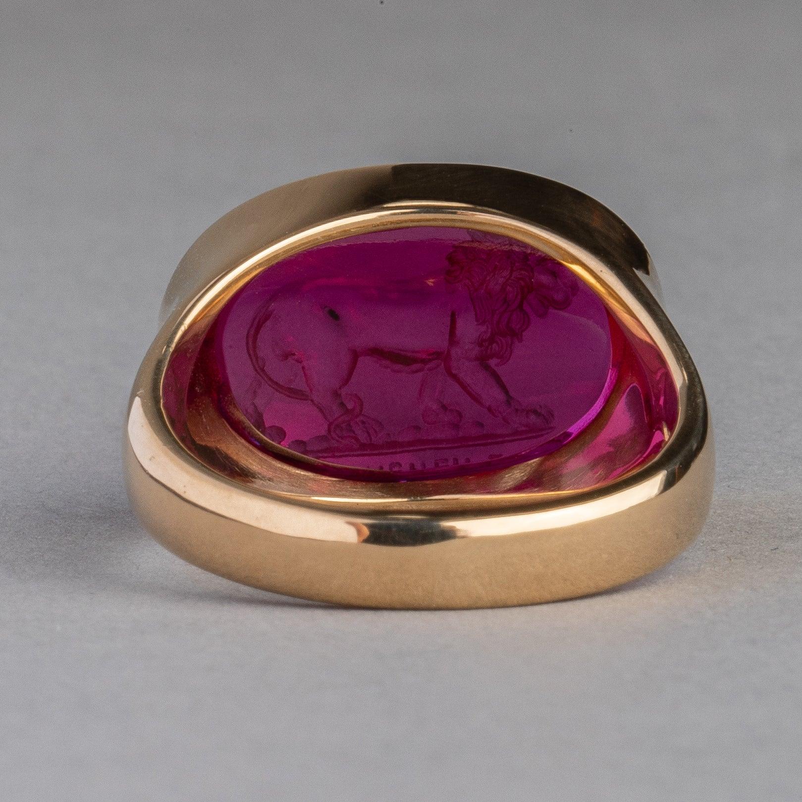 For Sale:  Chushev Lion Man Made Corundum Intaglio Gold Signet Ring 5