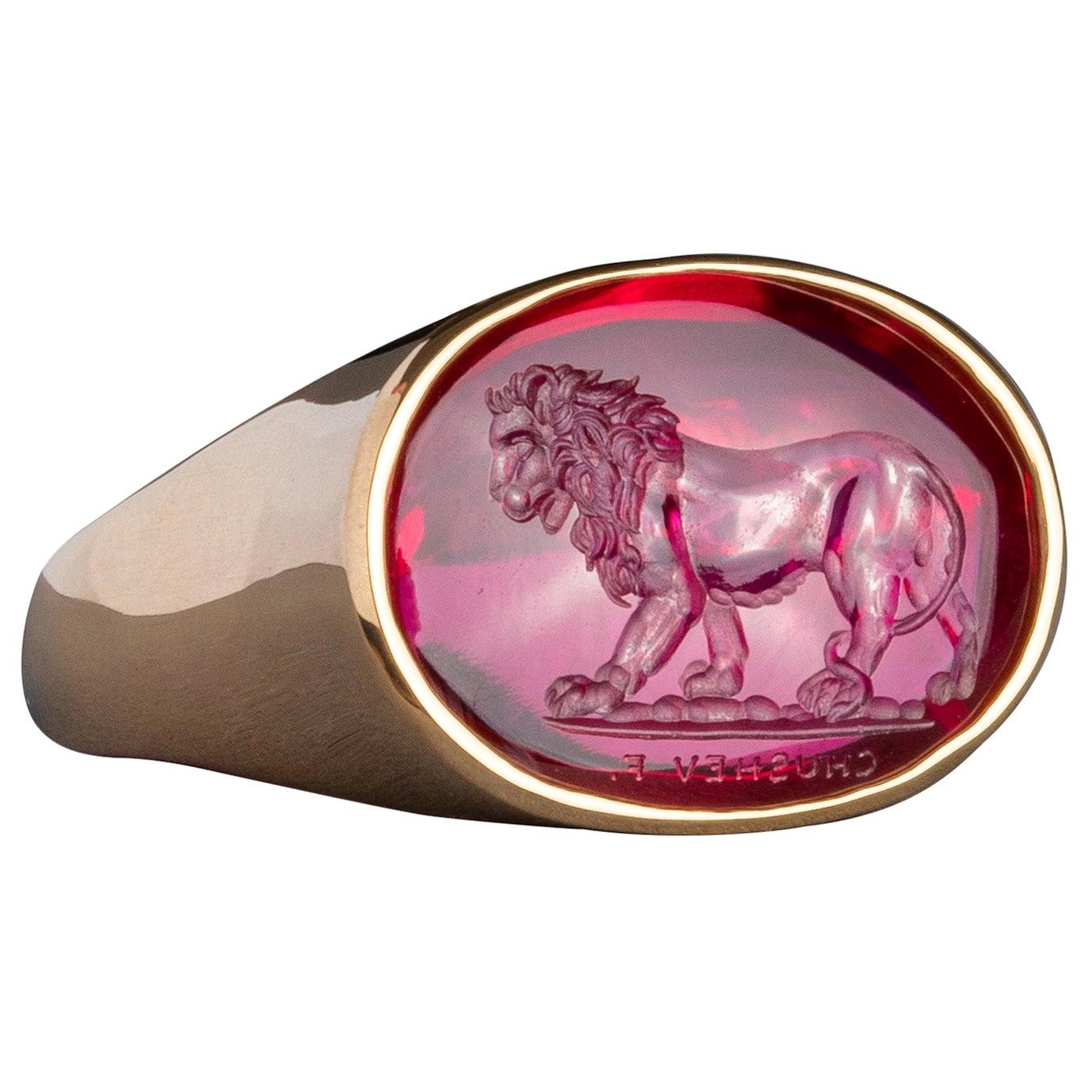 For Sale:  Chushev Lion Man Made Corundum Intaglio Gold Signet Ring