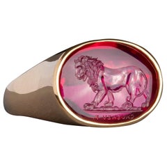 Chushev Lion Man Made Corundum Intaglio Gold Signet Ring