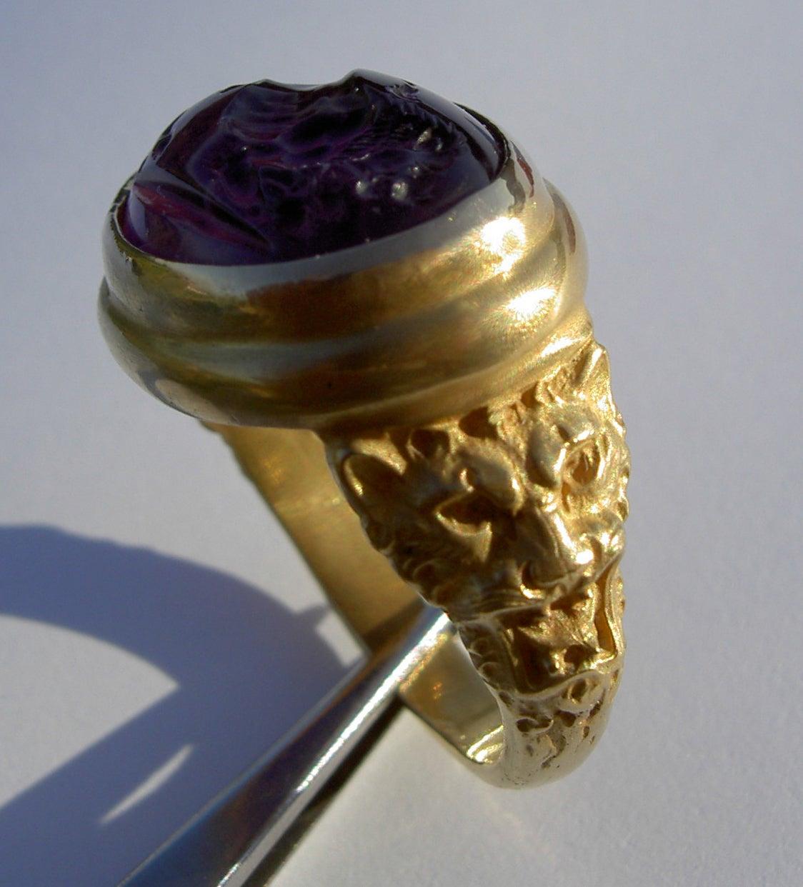 Chushev Lioness Amethyst Intaglio Gold Signet Ring 3