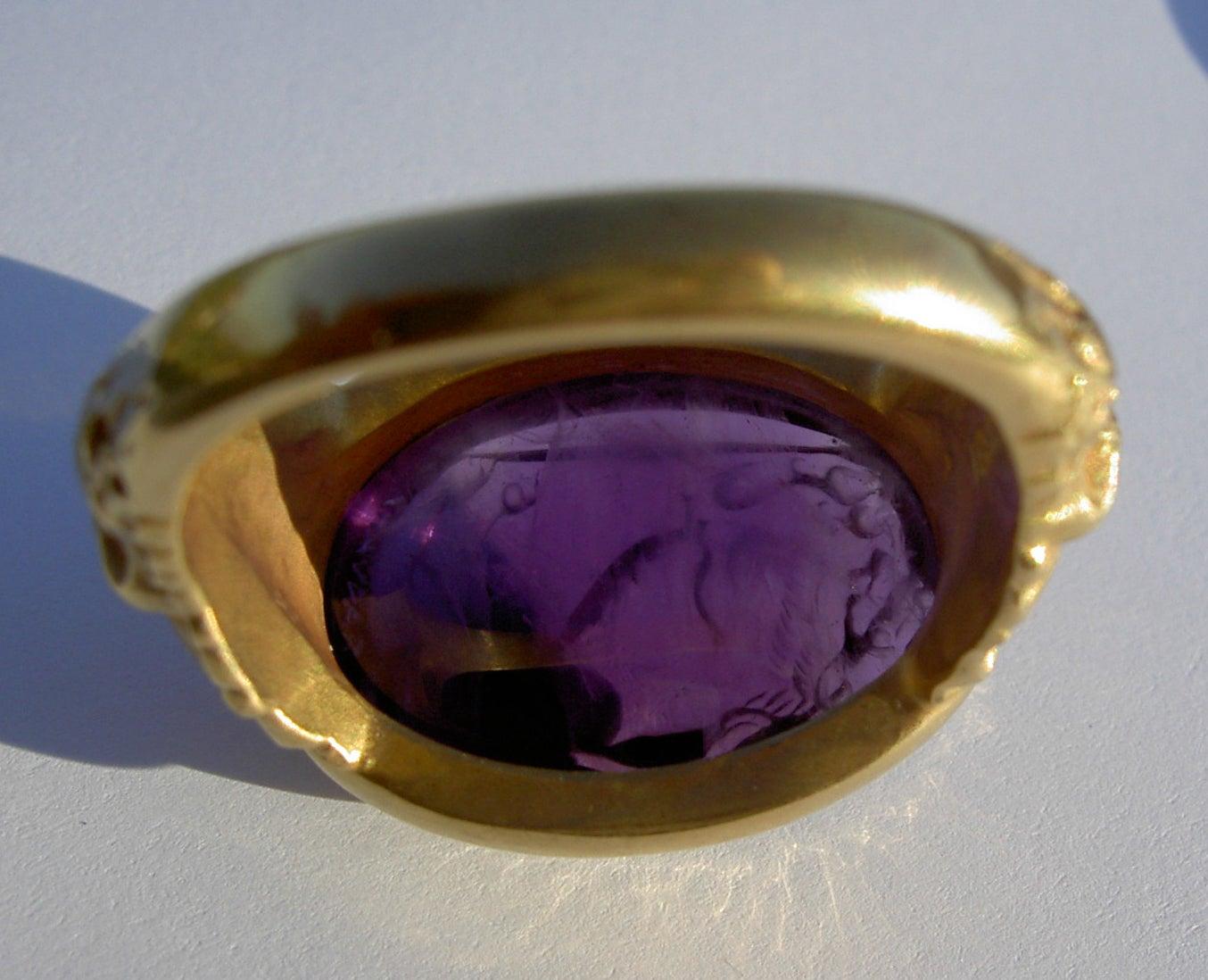 Chushev Lioness Amethyst Intaglio Gold Signet Ring 4