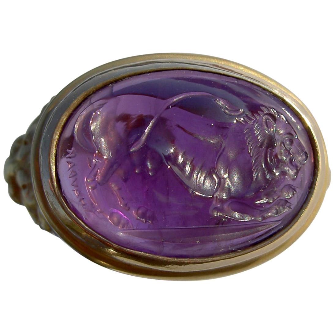 Chushev Lioness Amethyst Intaglio Gold Signet Ring