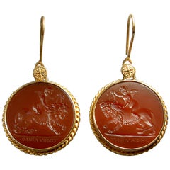 Chushev Omnia Vincit Carnelian Intaglio Gold Earrings