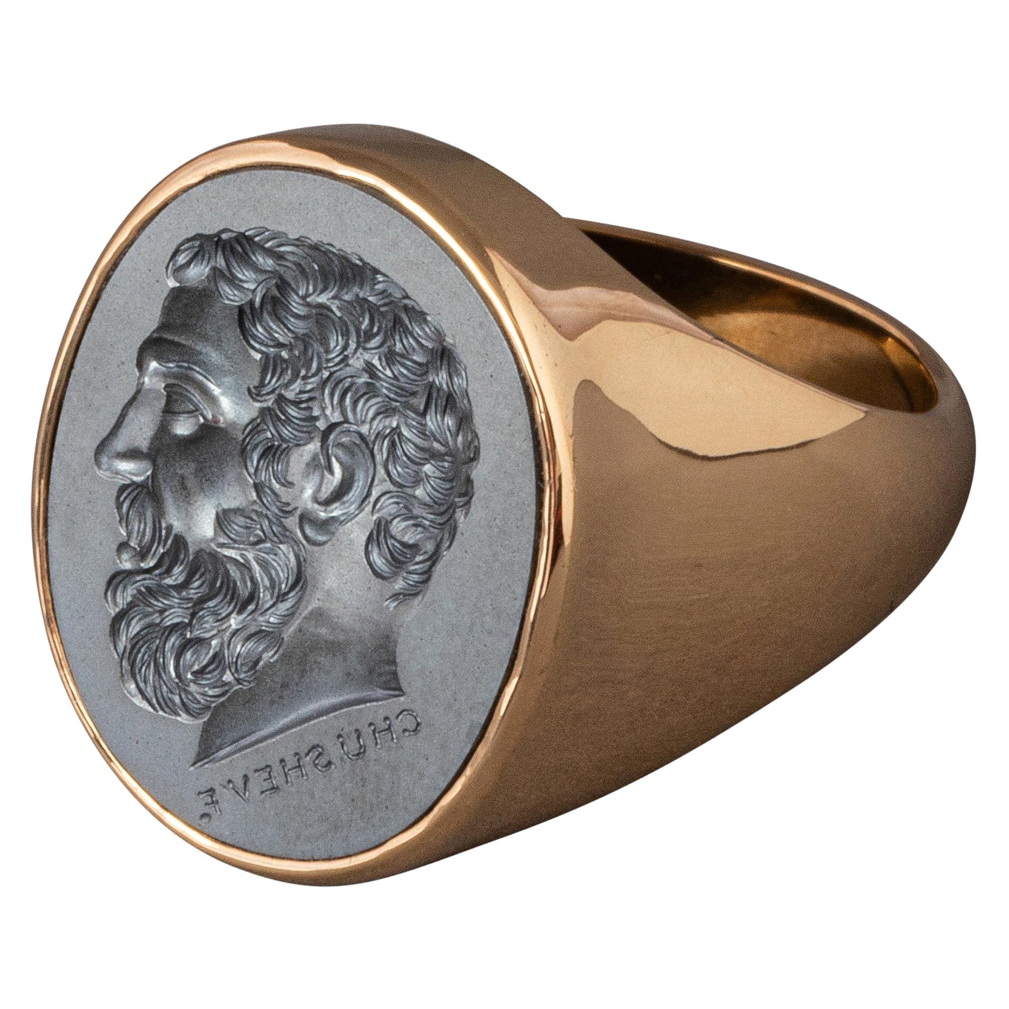 For Sale:  Chushev Solon Hematite Intaglio Gold Signet Ring