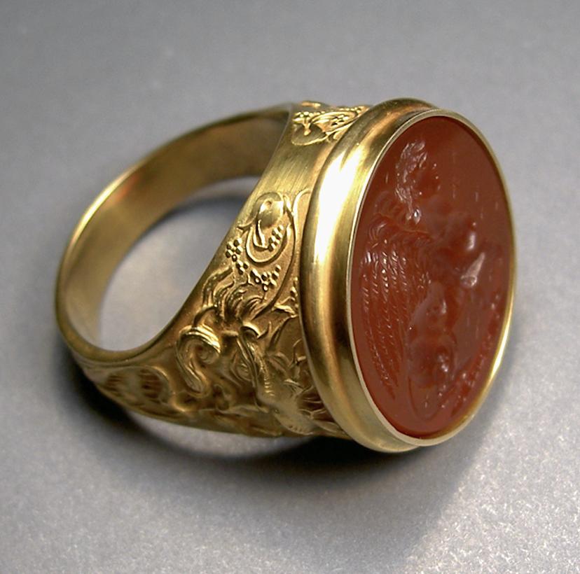 For Sale:  Chushev Sphinx Carnelian Intaglio Gold Signet Ring 3