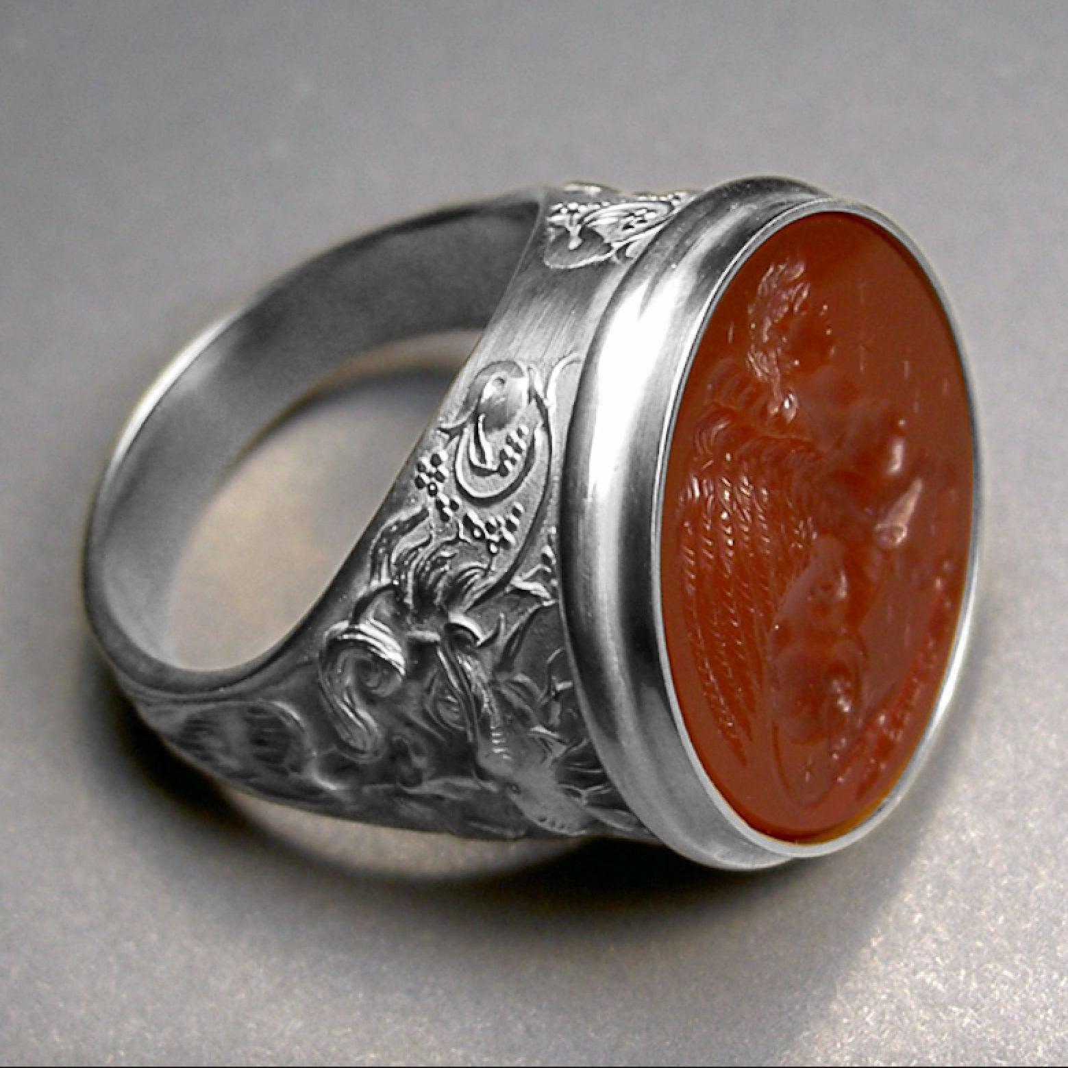 For Sale:  Chushev Sphinx Carnelian Intaglio Sterling Silver Signet Ring 2