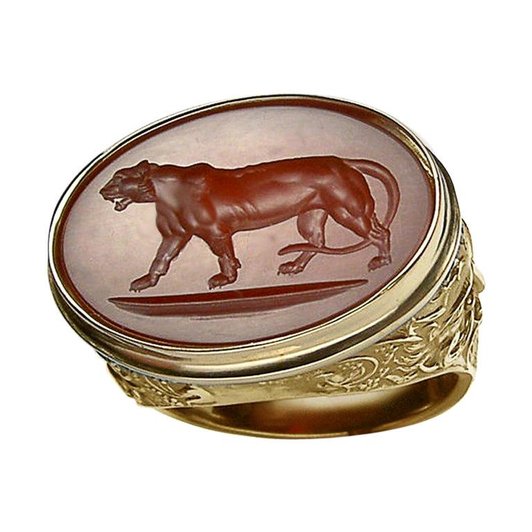 For Sale:  Chushev Tigress Carnelian Intaglio Gold Signet Ring