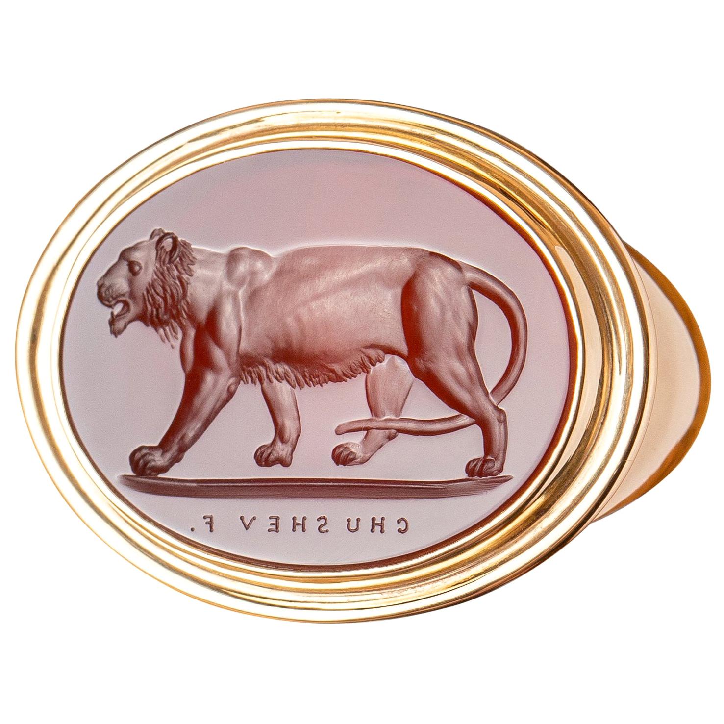 Im Angebot: Chushev Tigress Karneol Intaglio Gold Siegelring ()