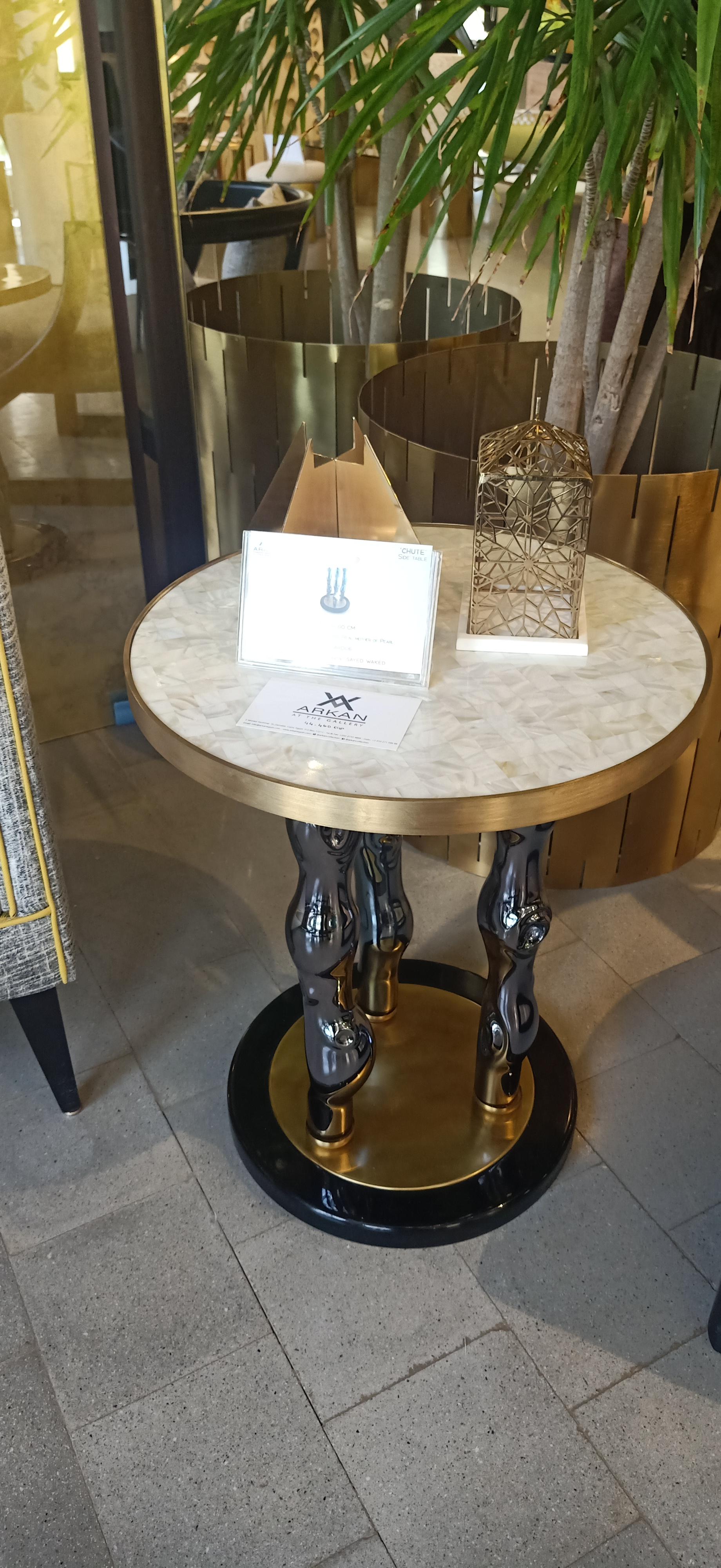 CHUTE-Brass, Glass based on marble top and artificial mother of Pearl Side Table For Sale 4
