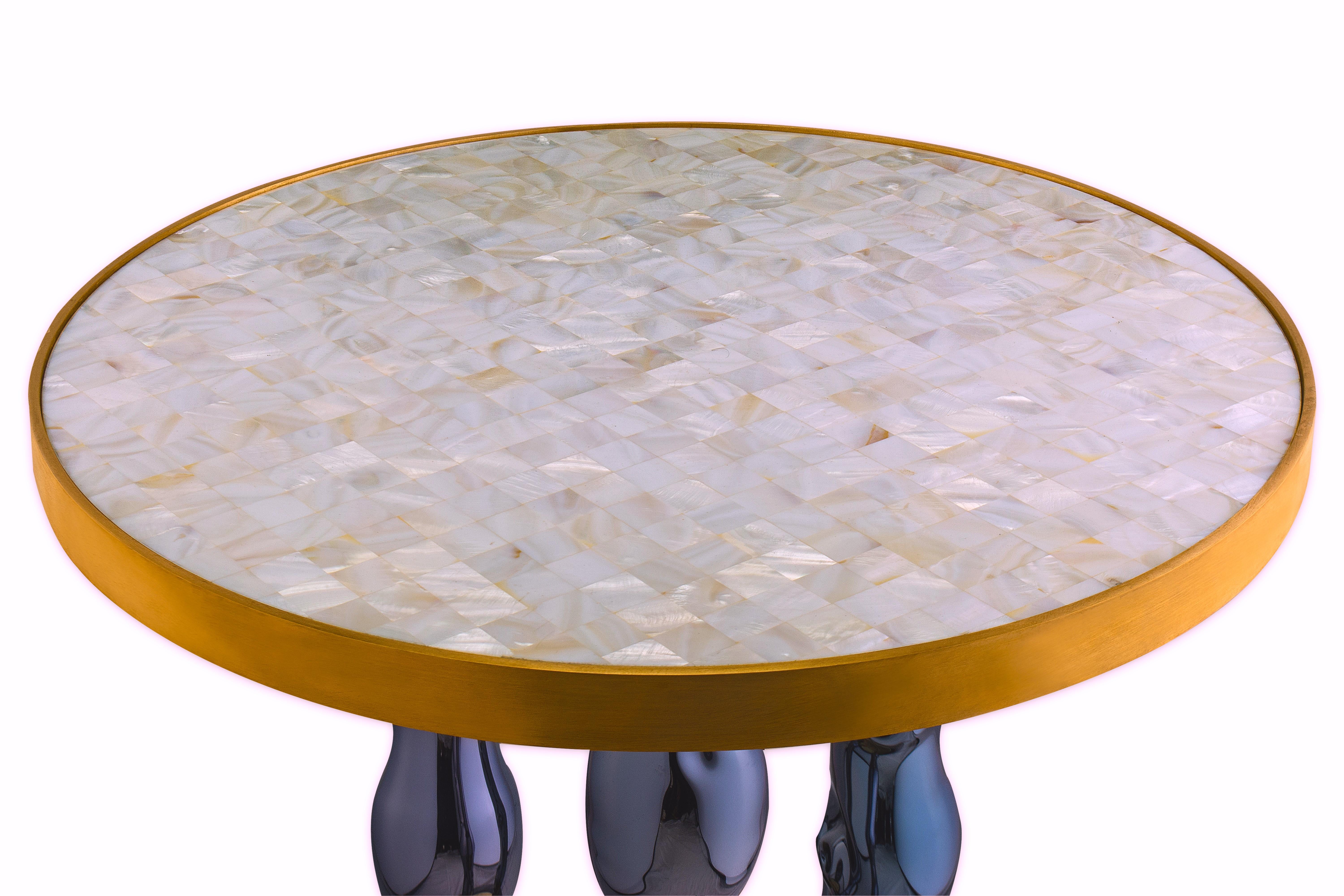 Modern CHUTE-Brass, Glass based on marble top and artificial mother of Pearl Side Table For Sale
