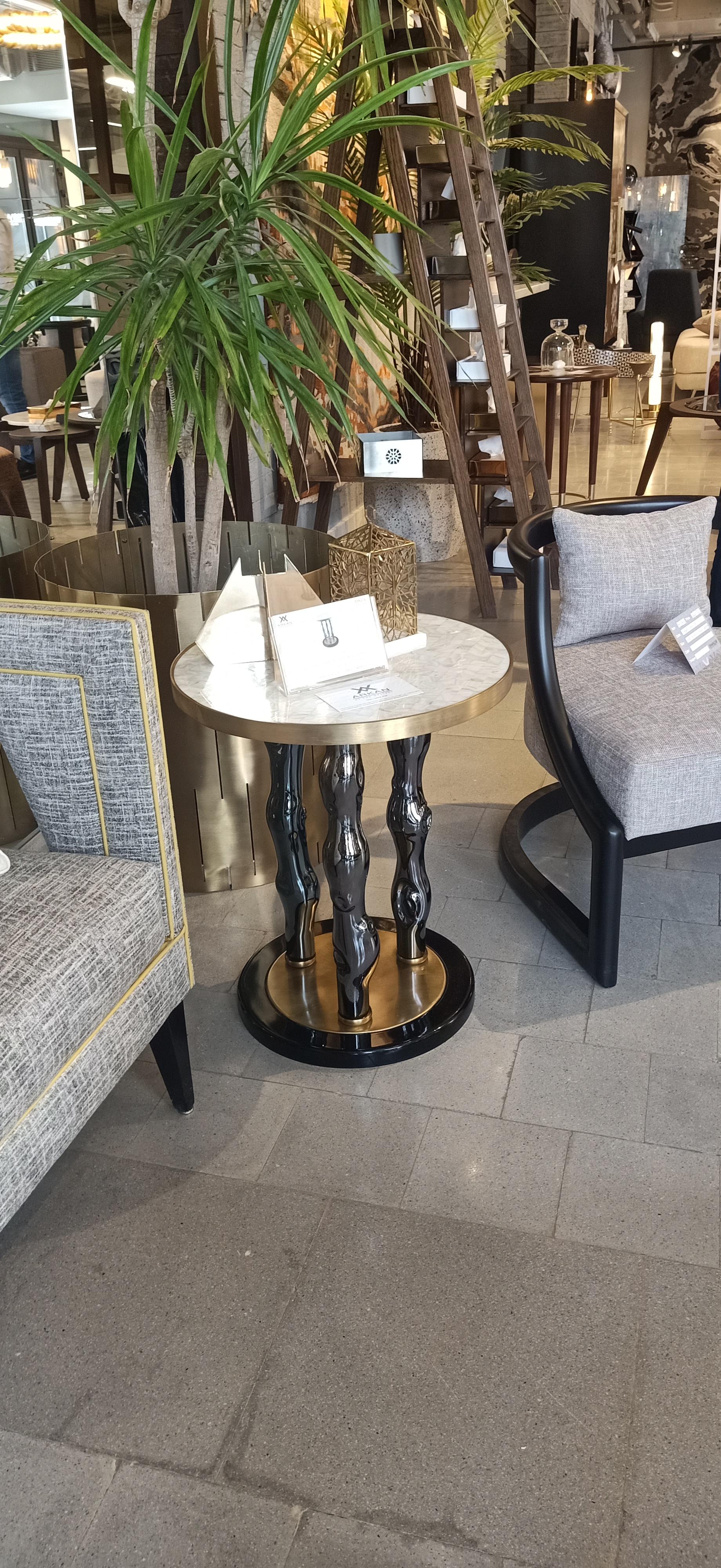 Contemporary CHUTE-Brass, Glass based on marble top and artificial mother of Pearl Side Table For Sale