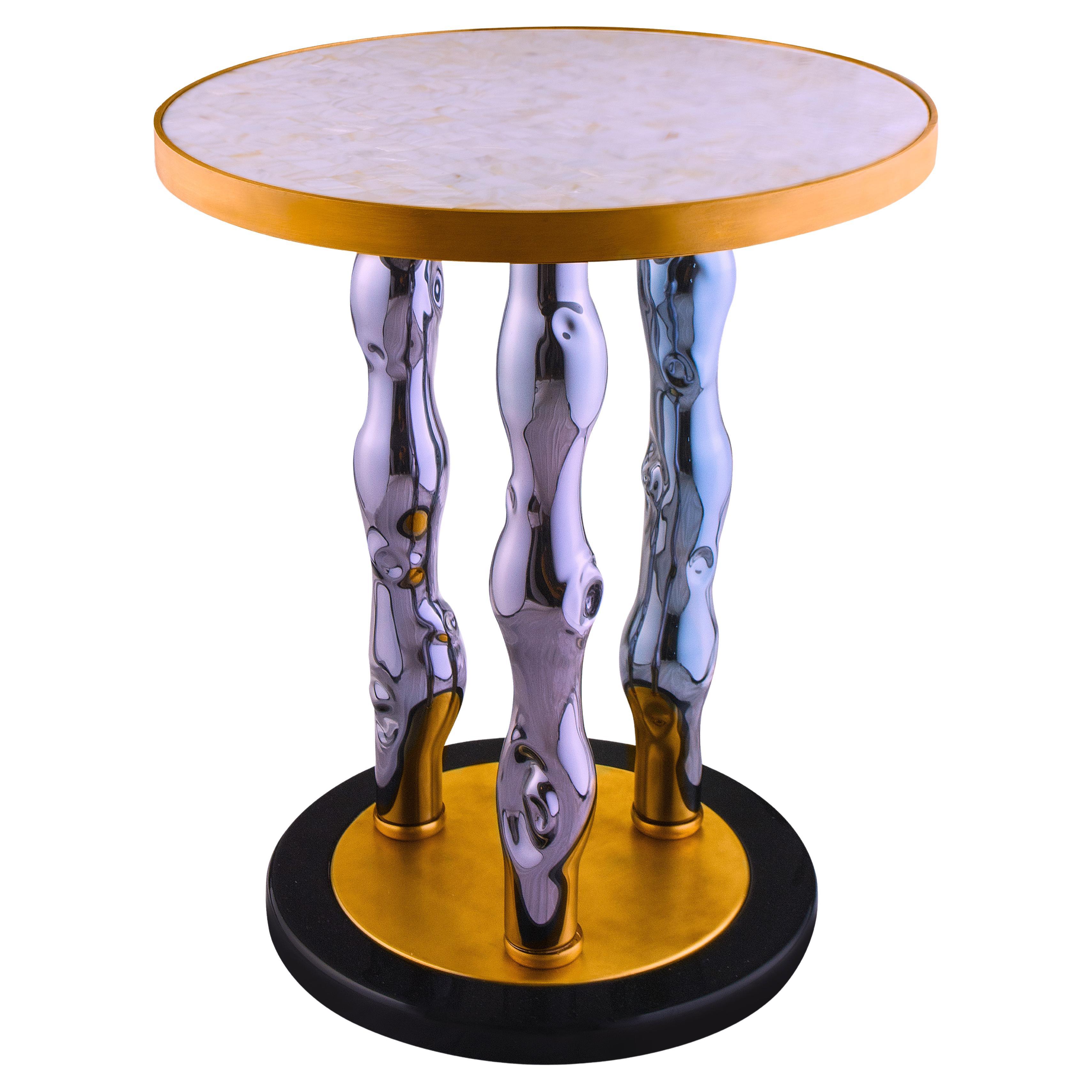 CHUTE-Brass, Glass based on marble top and artificial mother of Pearl Side Table For Sale