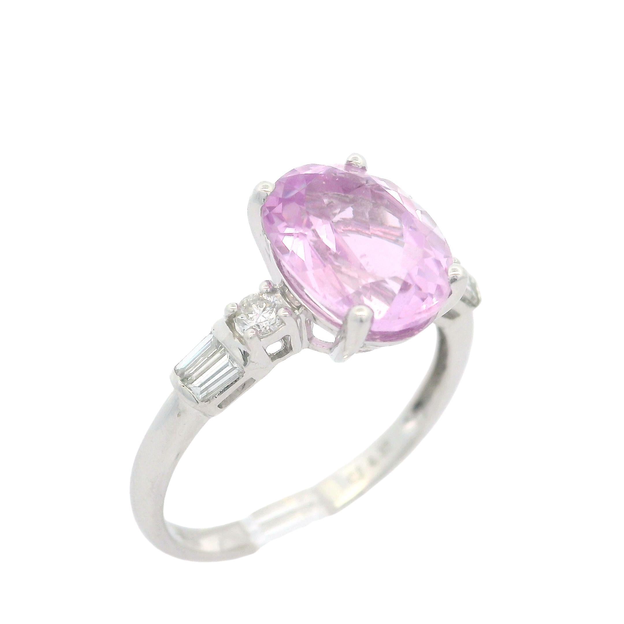 --Stone(s):--
(1) Natural Genuine Kunzite - Oval Brilliant Cut - Prong Set - Medium To Rich Pink Color - 11.6x8.9mm -  4.37ct (exact)
(4) Natural Genuine Diamonds - 2 Round Brilliant Cut & 2 Baguette Cut- Prong Set - VS/SI w/ Few I Clarity - G/H