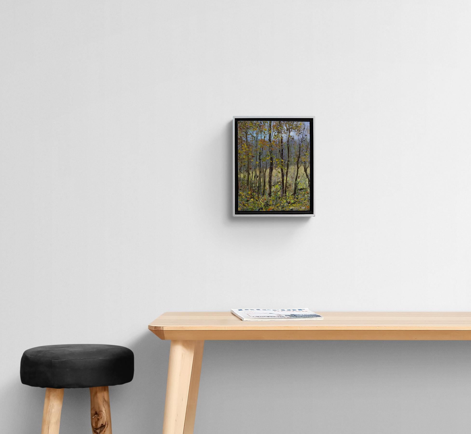 Days End - contemporáneo, realismo, bosque, paisaje, óleo sobre tabla en venta 1