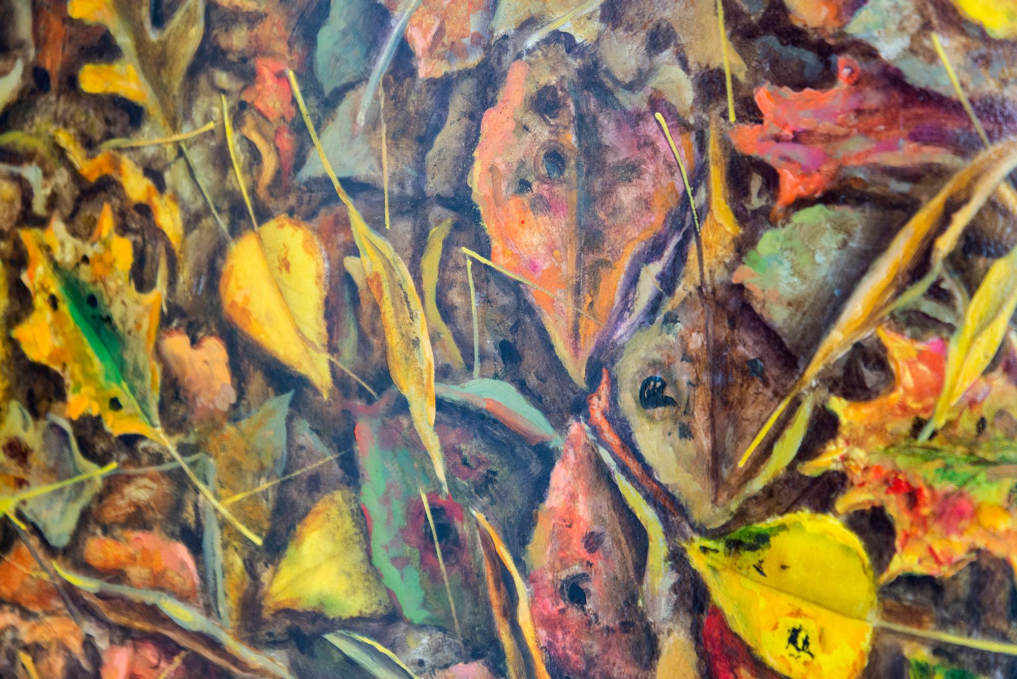 Fall Tapestry - contemporary, realist, leaves, landscape, oil on board For Sale 7