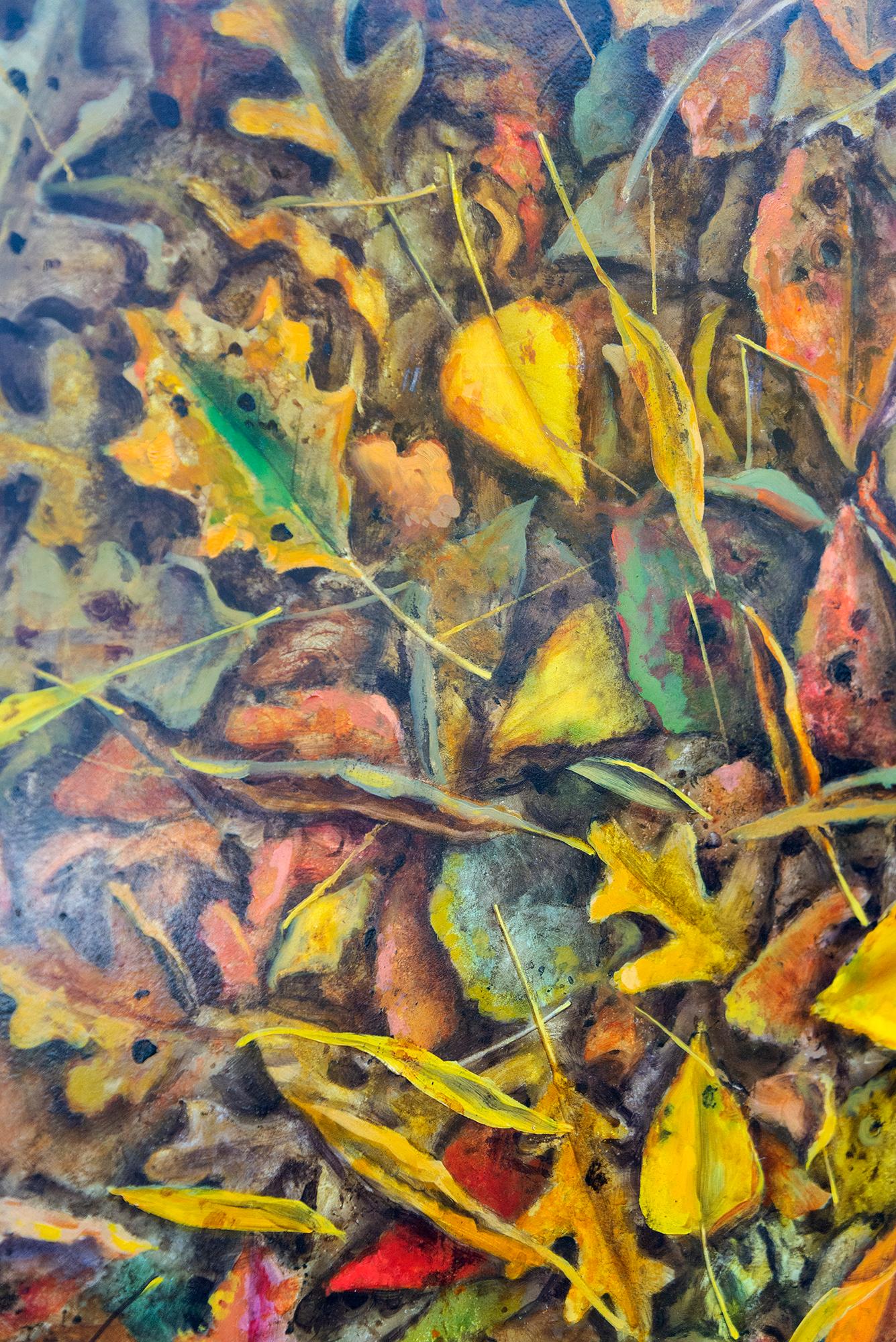 Fall Tapestry - contemporary, realist, leaves, landscape, oil on board For Sale 2