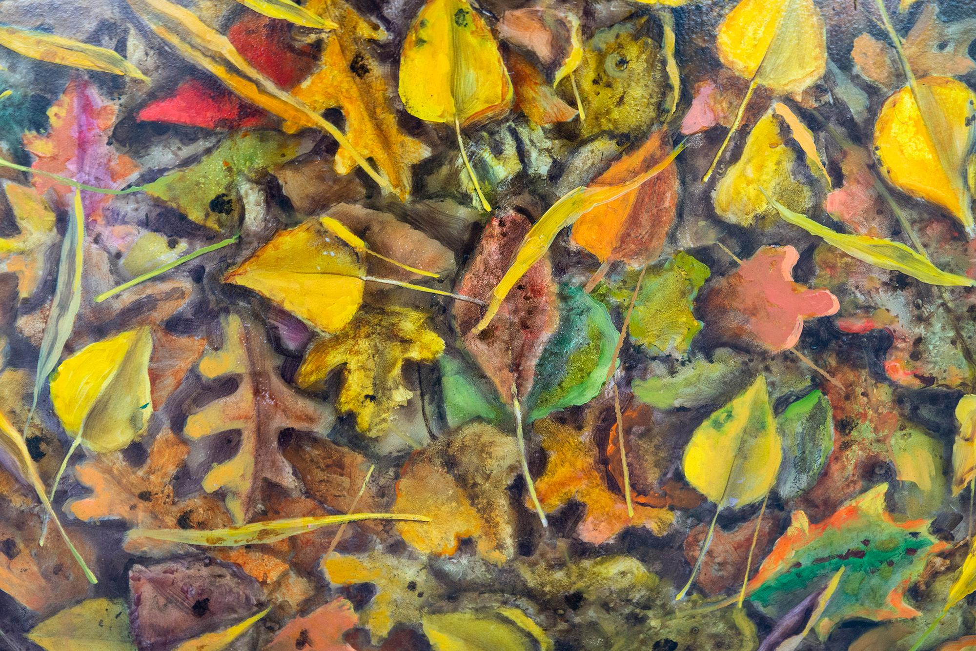 Fall Tapestry - contemporary, realist, leaves, landscape, oil on board For Sale 3