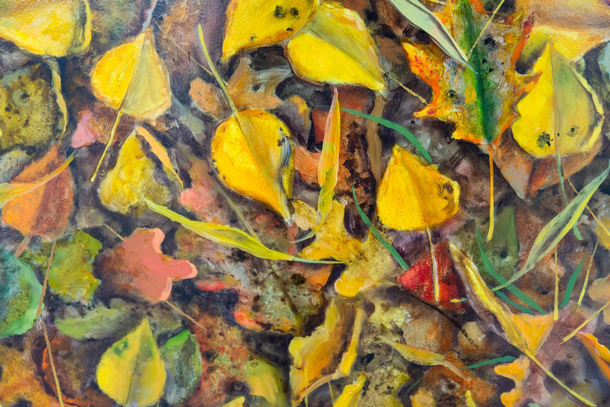 Fall Tapestry - contemporary, realist, leaves, landscape, oil on board For Sale 4