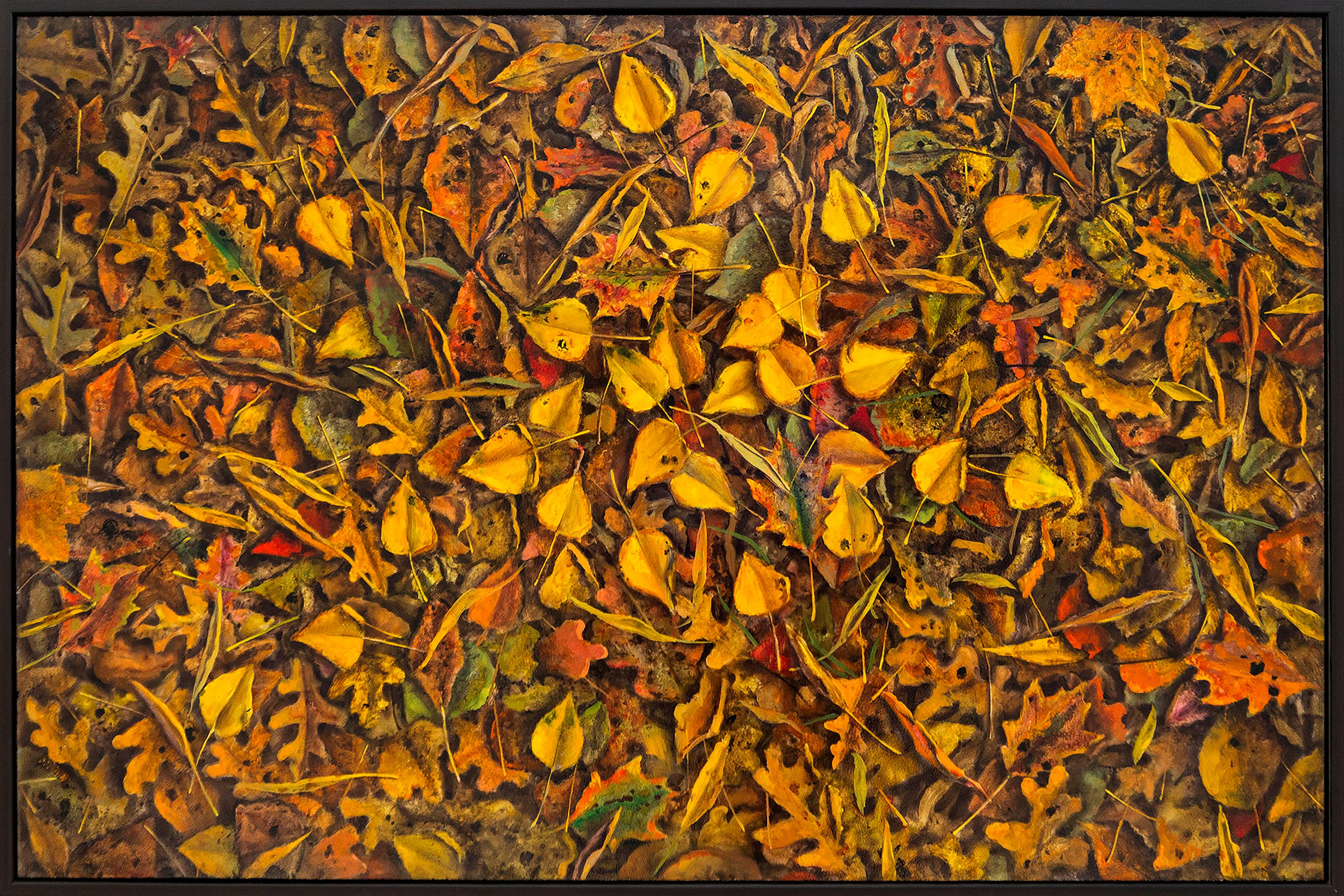 Fall Tapestry - contemporary, realist, leaves, landscape, oil on board - Painting by Ciba Karisik