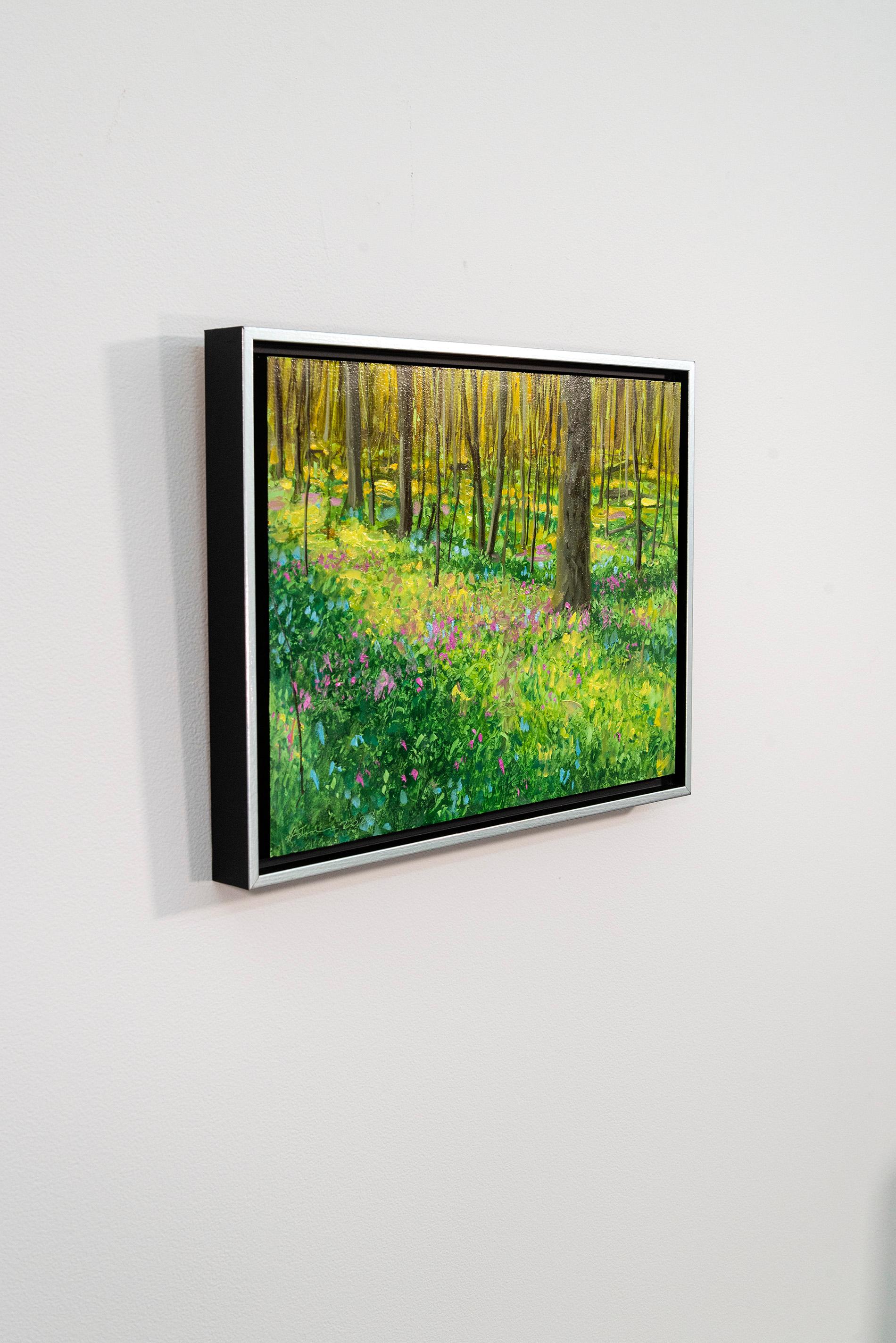 Hora dorada - contemporáneo, realista, bosque, paisaje, óleo sobre tabla - Landscape Painting Verde de Ciba Karisik