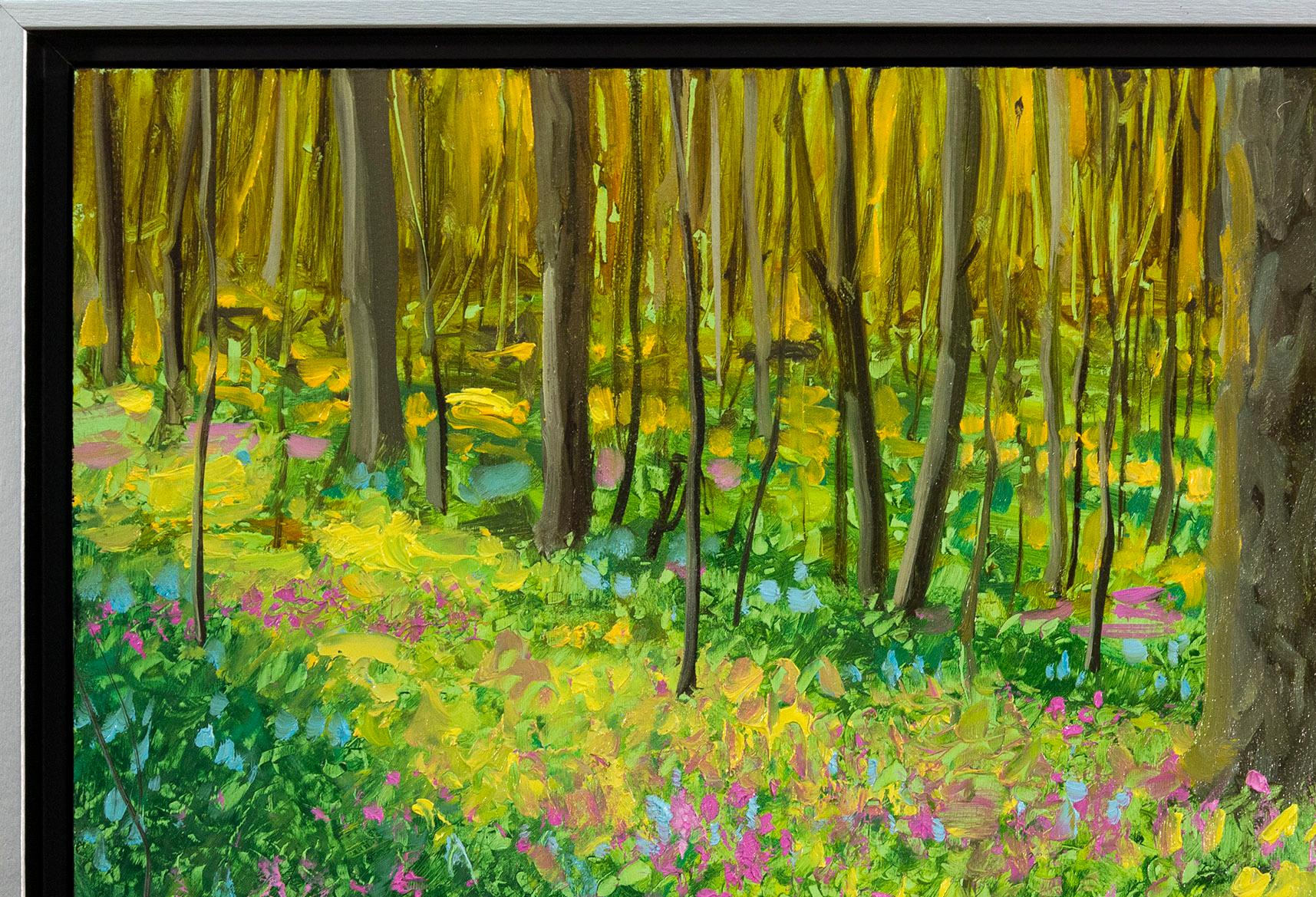 Hora dorada - contemporáneo, realista, bosque, paisaje, óleo sobre tabla en venta 2