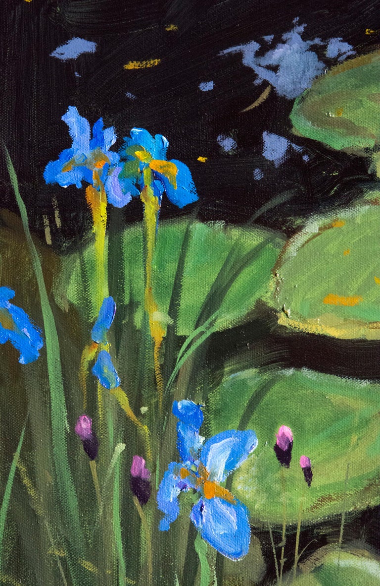 A cluster of flowering lilypads are framed in pond grasses, irises and violets in this summer fresh still life by Ciba Karisik. Framed dimensions are 41.25 x 51.25 inches.

Ciba Karisik completed a Bachelor and Master's degrees in painting in 1985