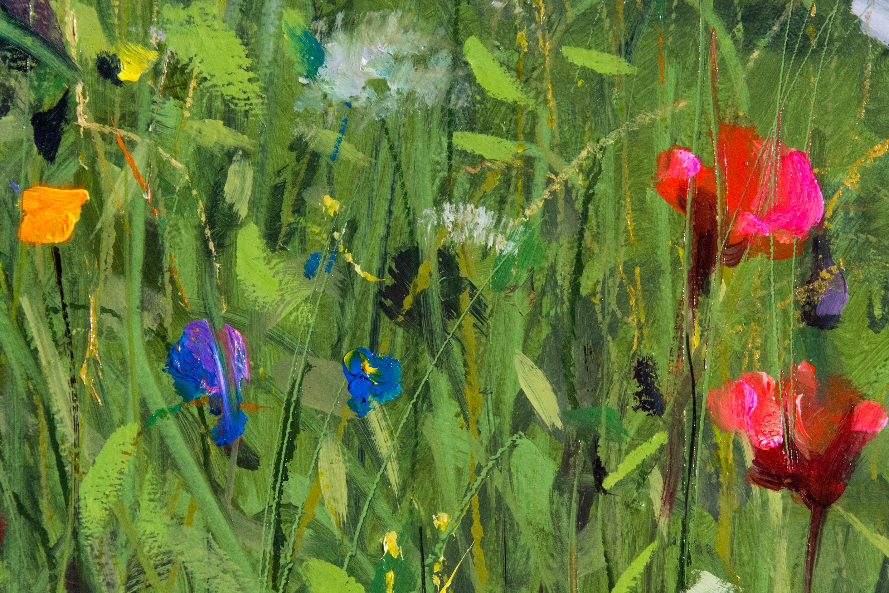 A verdant green path cuts through a field of red poppies, blue cornflower and white wild carrot in this summertime landscape by Ciba Karisik. The painting is a reminder that after a bleak season, things will bloom again. 

Ciba Karisik completed a