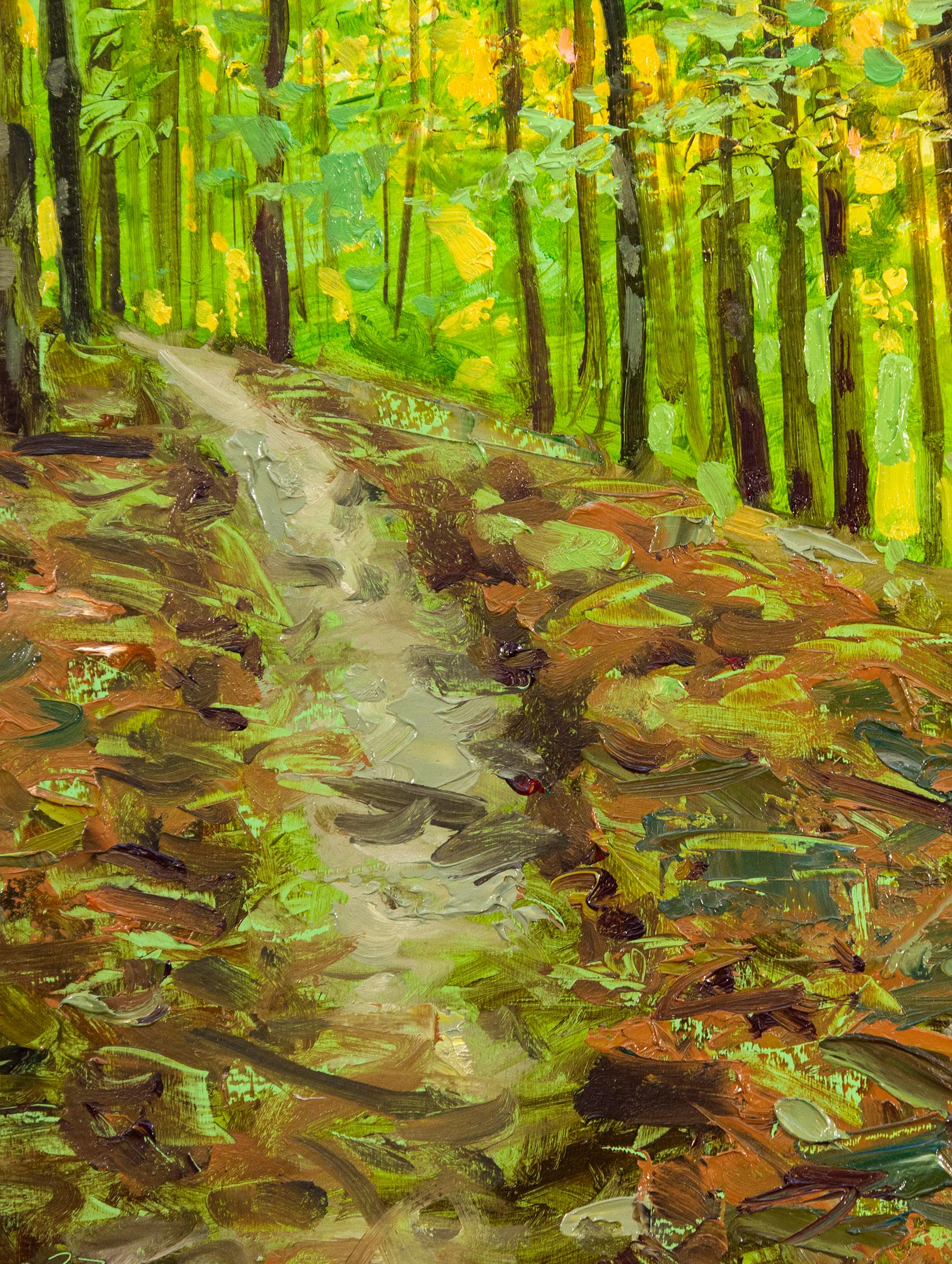 Last Light - contemporary, realism, forest, landscape, oil on board - Painting by Ciba Karisik