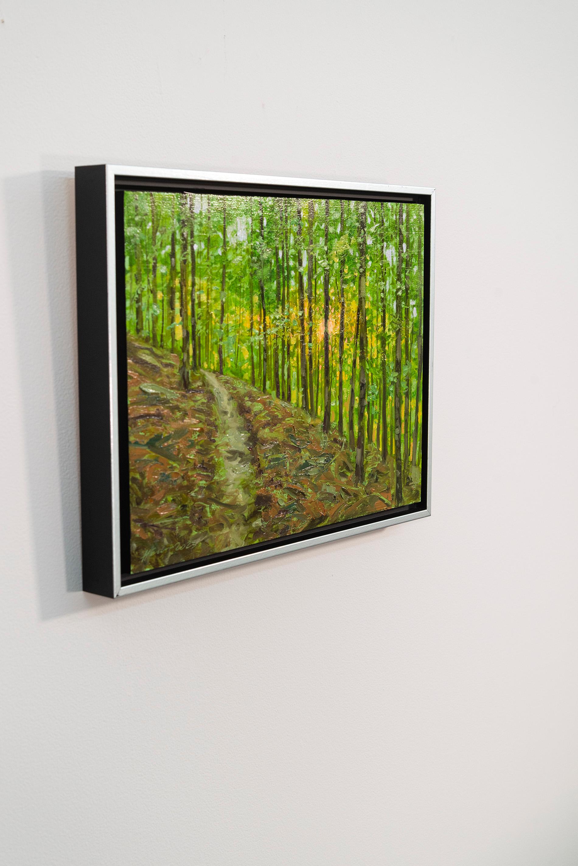 Last Light - contemporary, realism, forest, landscape, oil on board - Brown Landscape Painting by Ciba Karisik