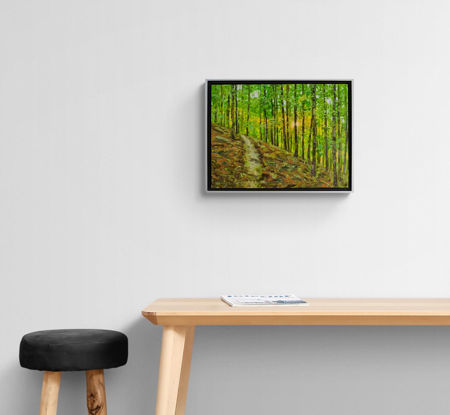Last Light - contemporary, realism, forest, landscape, oil on board For Sale 1