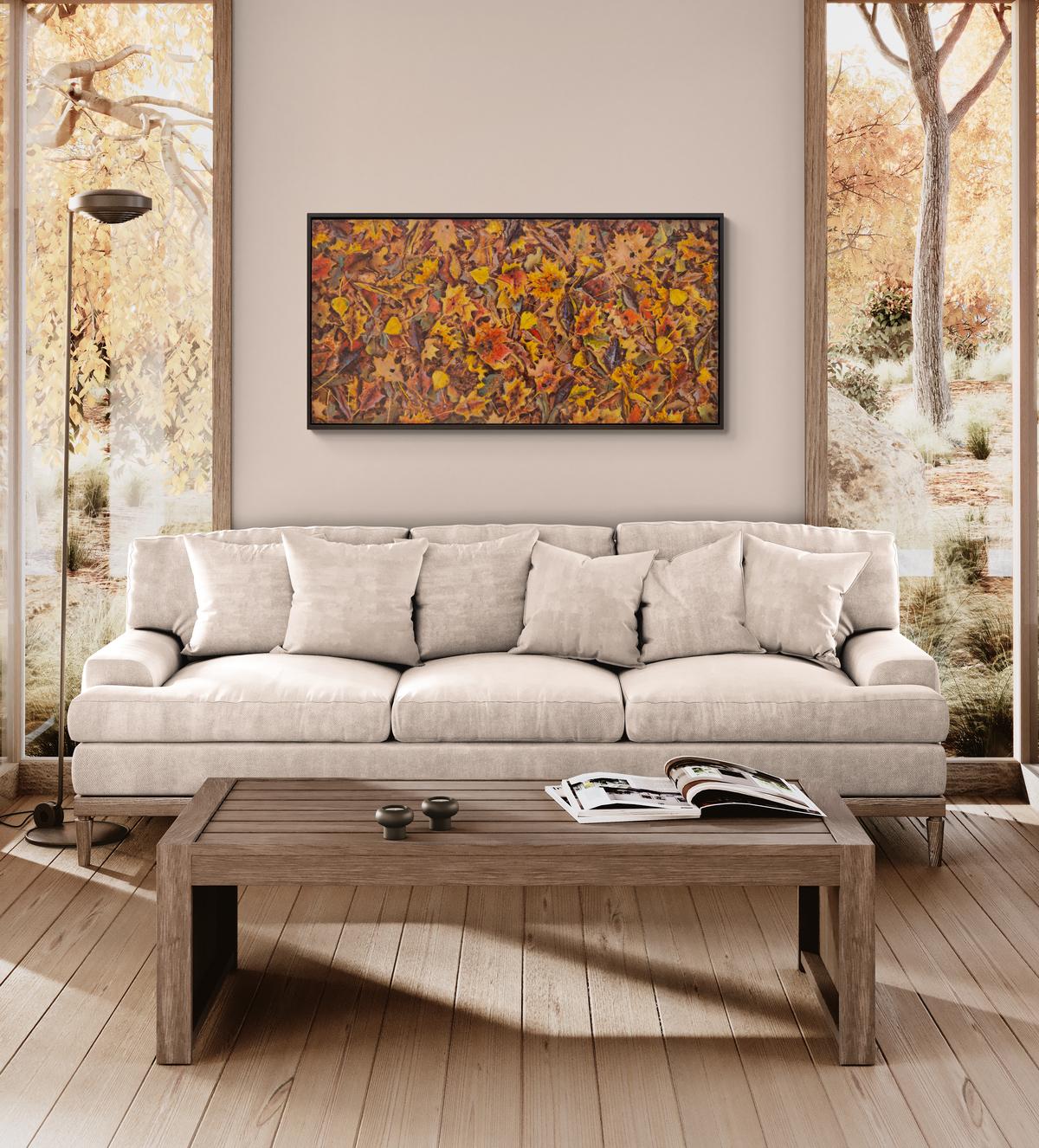 Titelbild Oktober - zeitgenössisch, realistisch, Blätter, Landschaft, Öl auf Karton im Angebot 5
