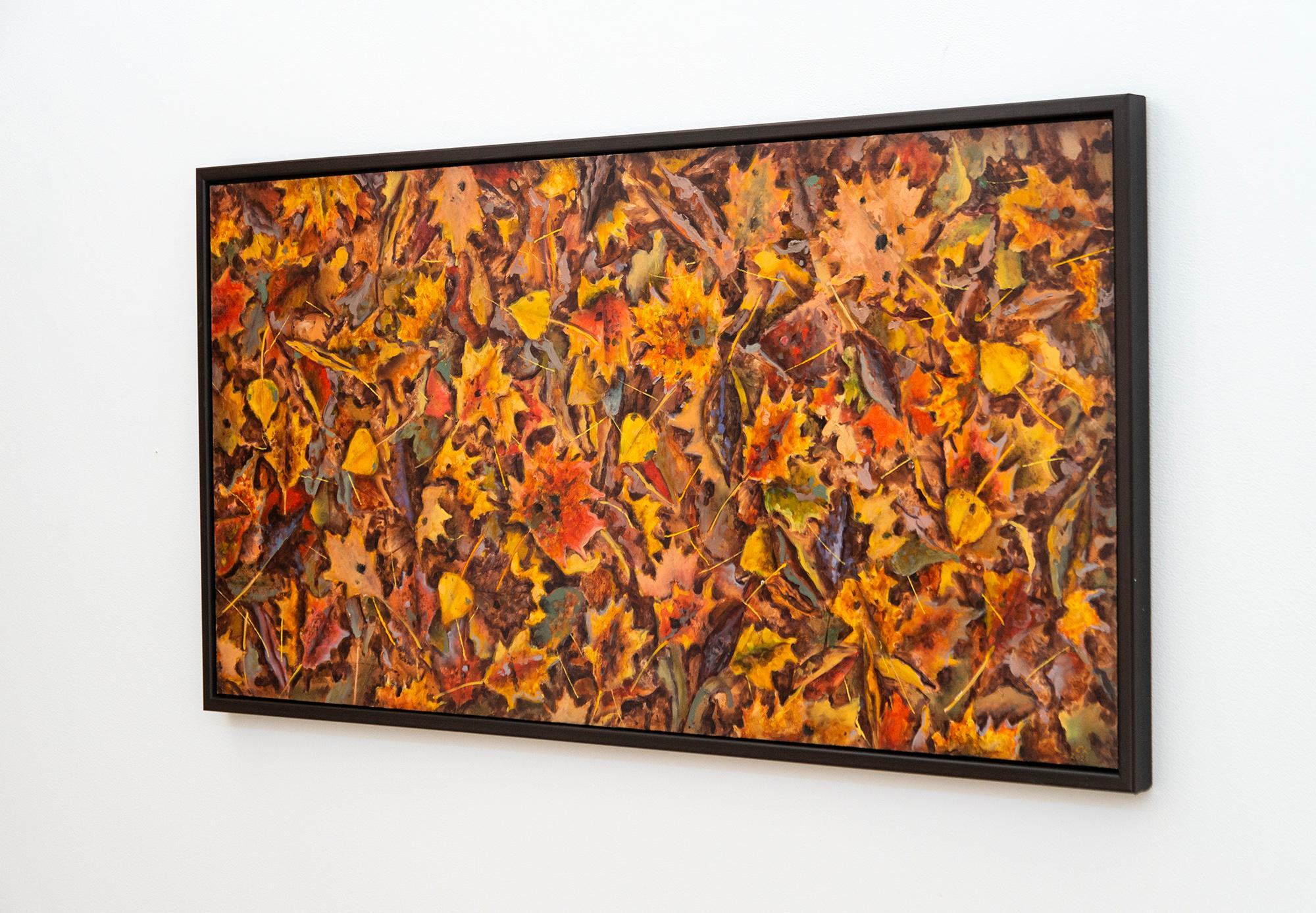 Titelbild Oktober - zeitgenössisch, realistisch, Blätter, Landschaft, Öl auf Karton (Realismus), Painting, von Ciba Karisik